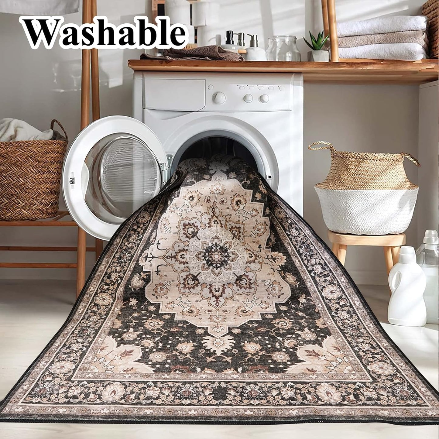 Washable 2x3 Entryway Area Rug: Vintage Non-Slip Backing Rugs for Kitchen Bathroom Water Resistant Carpet for Bedroom Soft Low Pile Front Door Mat for Dining Room 2x3 Black
