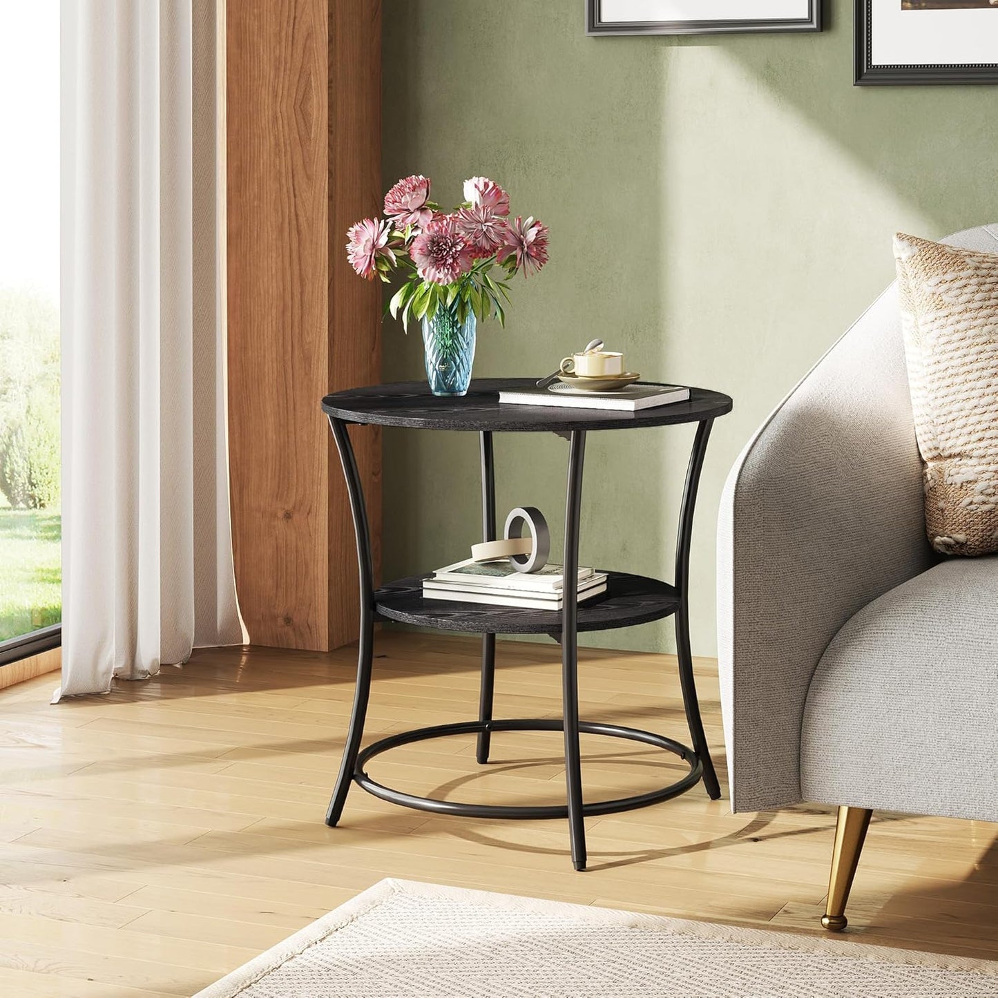 WLIVE Side Table, Round End Table with 2 Storage Shelves for Living Room, Bedroom, Nightstand with Steel Frame for Small Spaces, Accent Coffee Table, Black