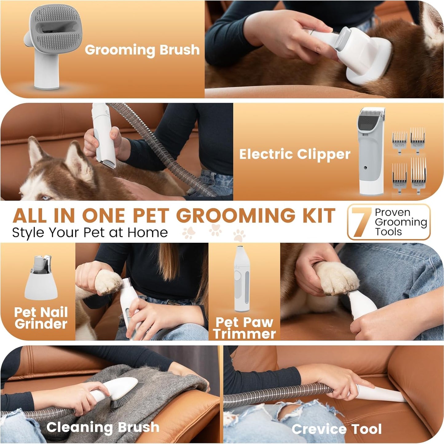 Dog Grooming Vacuum and Kit, Clipper Nail Trimmer Grinder, 2.5L Dust Cup 7 Grooming Tools 11000Pa Pet Vacuum for Shedding Grooming, Dog Hair Vacuum, Home Cleaning, PG50 Plus