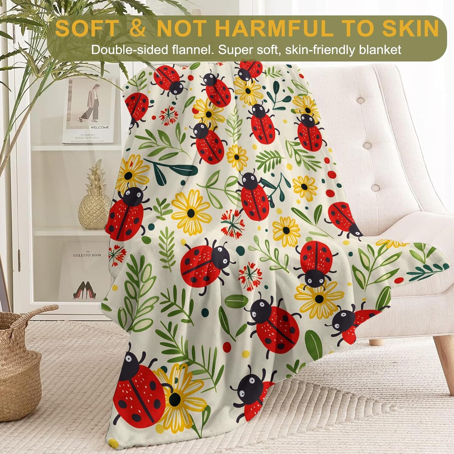 Cute Ladybug Flannel Blanket - Lightweight Soft Cozy Unique Gifts Blankets for Kids,Adult,Women, Nature Lovers,Cute Colorful Flower Throw,Home Room Modern Decor 40x50in