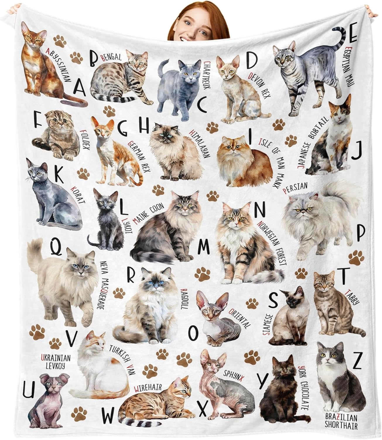 Cat Alphabet Flannel Throw Blanket, Cute Pet Breed Letter ABC Learning Birthday Gifts for Kids Boys Girls, Paw Prints Soft Bedding Sofa Blankets Present for Cat Lover Owner 50" x 60"
