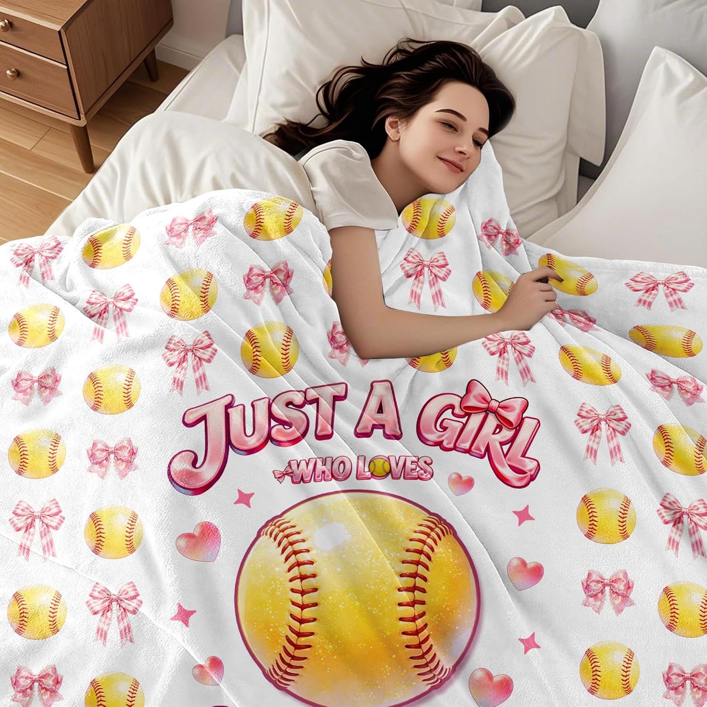 Softball Blanket Gifts for Girls Women Softball Lovers Plush Cozy Flannel Pink Bow Softballs Throw Blankets Softballs Team Stuff Gifts for Birthday Bed Decor Kids Teens Adults 50"x40"