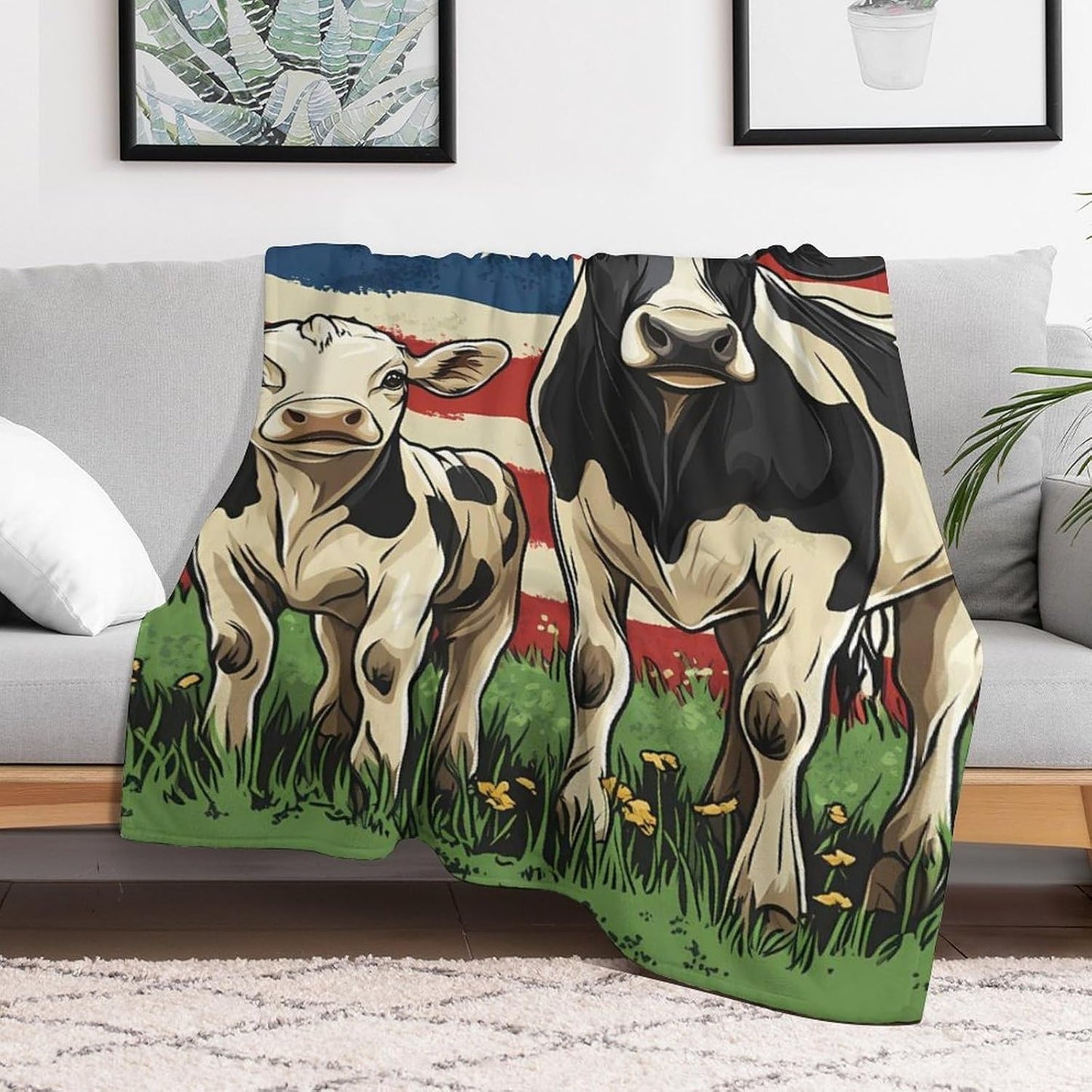U.S Flag Cow Animal Throw Blanket for Couch Bed Plush Cozy Fuzzy Flannel Blanket for All Season 40"x60"