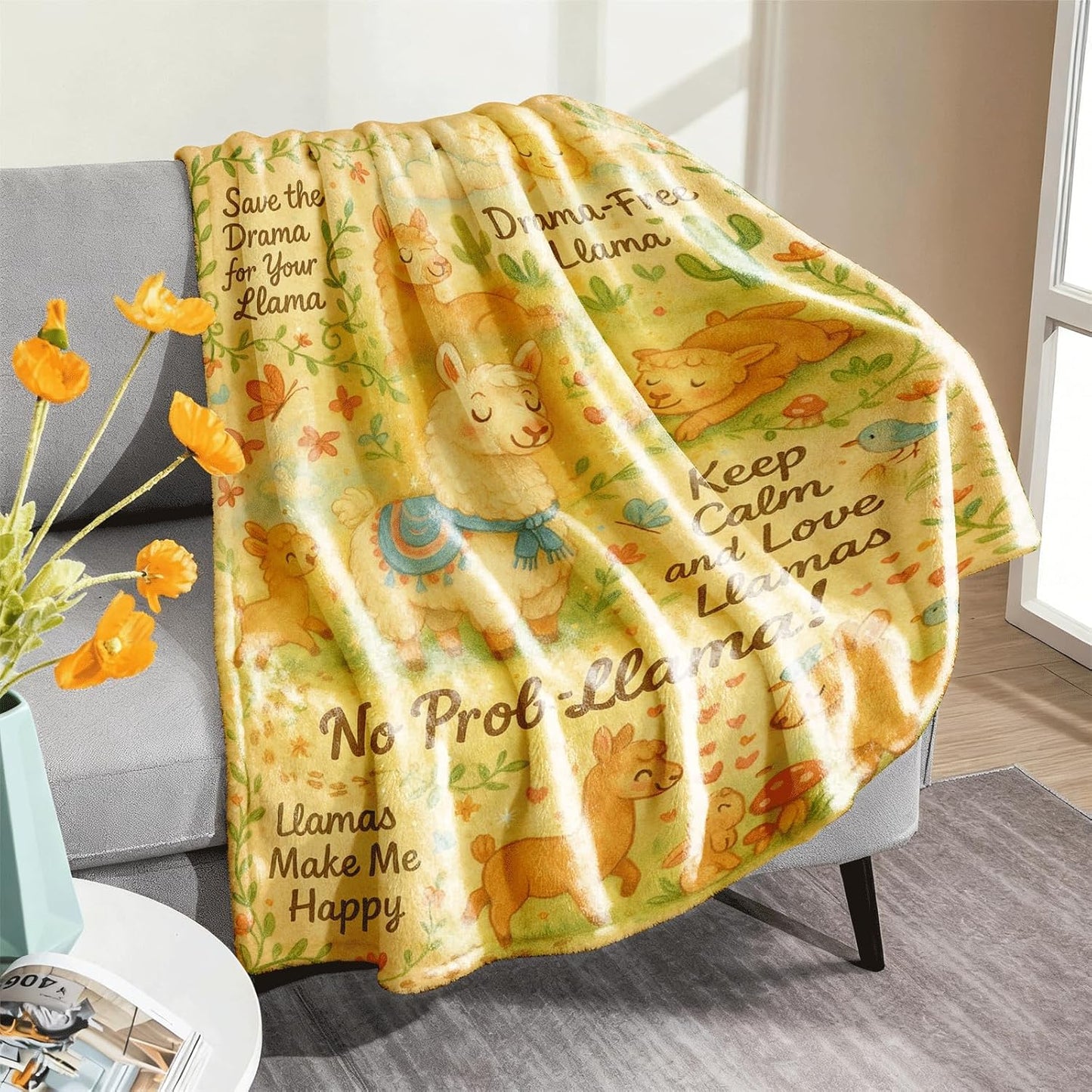 Cartoon Llama Throw Blanket 50x60 – Cozy Flannel Fleece Microfiber, Cactus Print Sofa Bed Throw, Lightweight All-Season Couch Decor, Gift for Llama Lovers, Kids Room Nursery