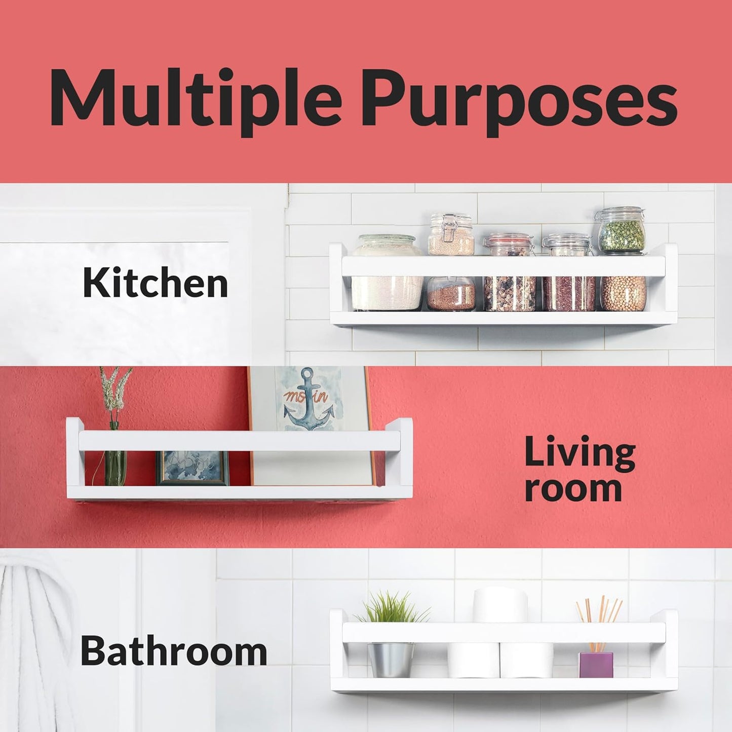 NATURE SUPPLIES Set of 4, White Floating Nursery Book Shelves, 16.4" Solid Wood Floating Bookshelves, Wall Book shelf for Kids Rooms Decor, Toys & Playroom Furniture, Kids Bookshelf, Nursery Bookshelf