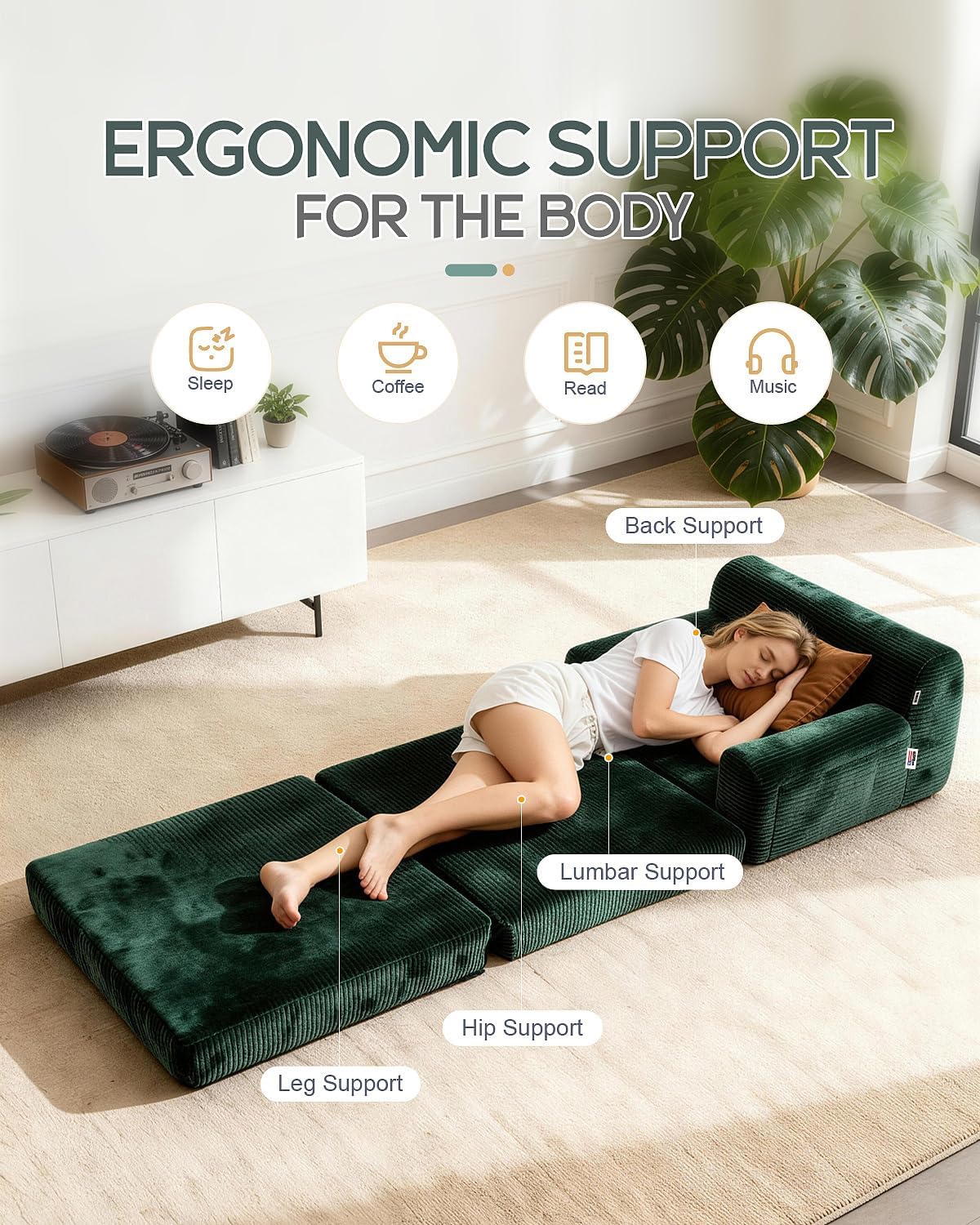 Boneless Couch Sofa Bed, Convertible Sleeper Chair with One-Piece High-Density Foam (No Lumps), Foldable Floor Mattress for Adults Guest Gaming, Non-Slip, Side Pockets, 84"x35", No Assembly