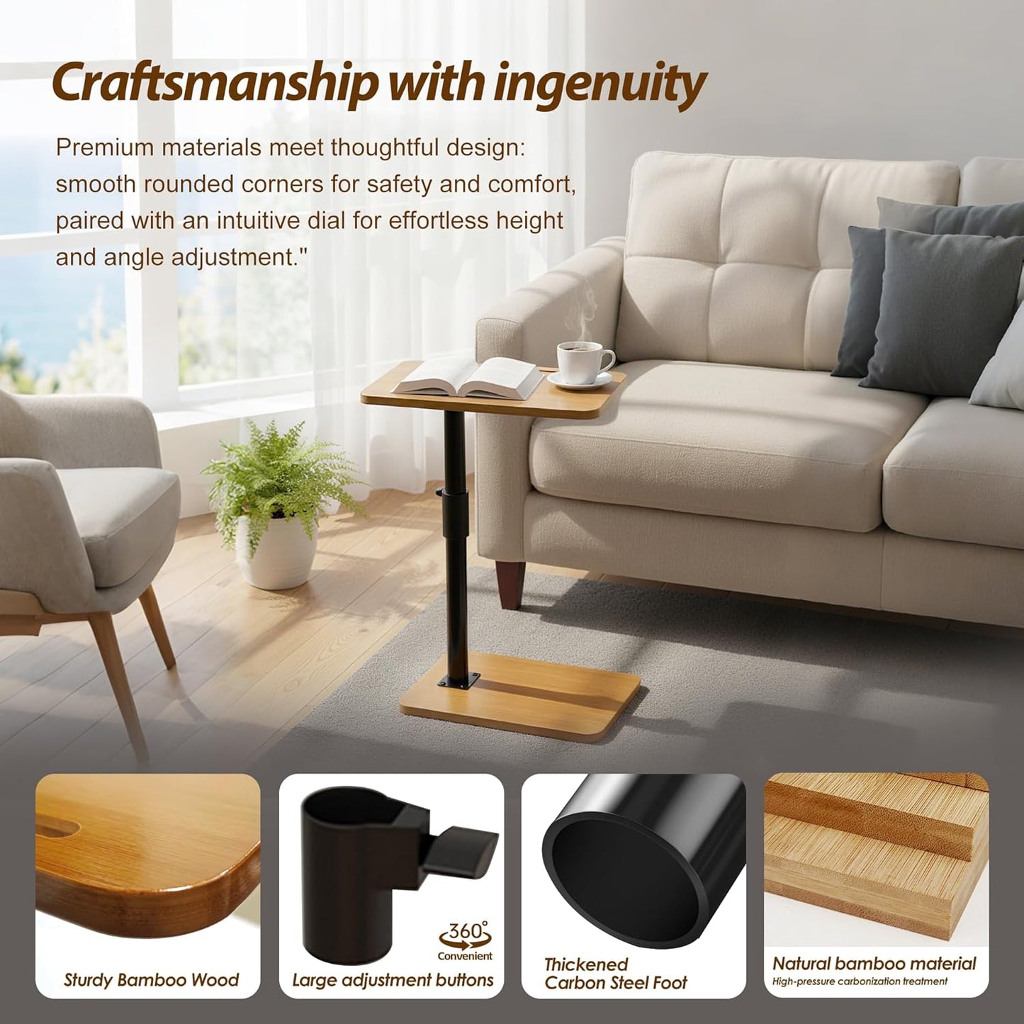 Couch Tray Table Adjustable Height/360 Swivel TV End Desk Sofa Armrest Side C Shaped Tables for Bed Stand Recliner Bedside Small Spaces, Living Room Bedroom, Portable Dining Desk for Coffee Eating