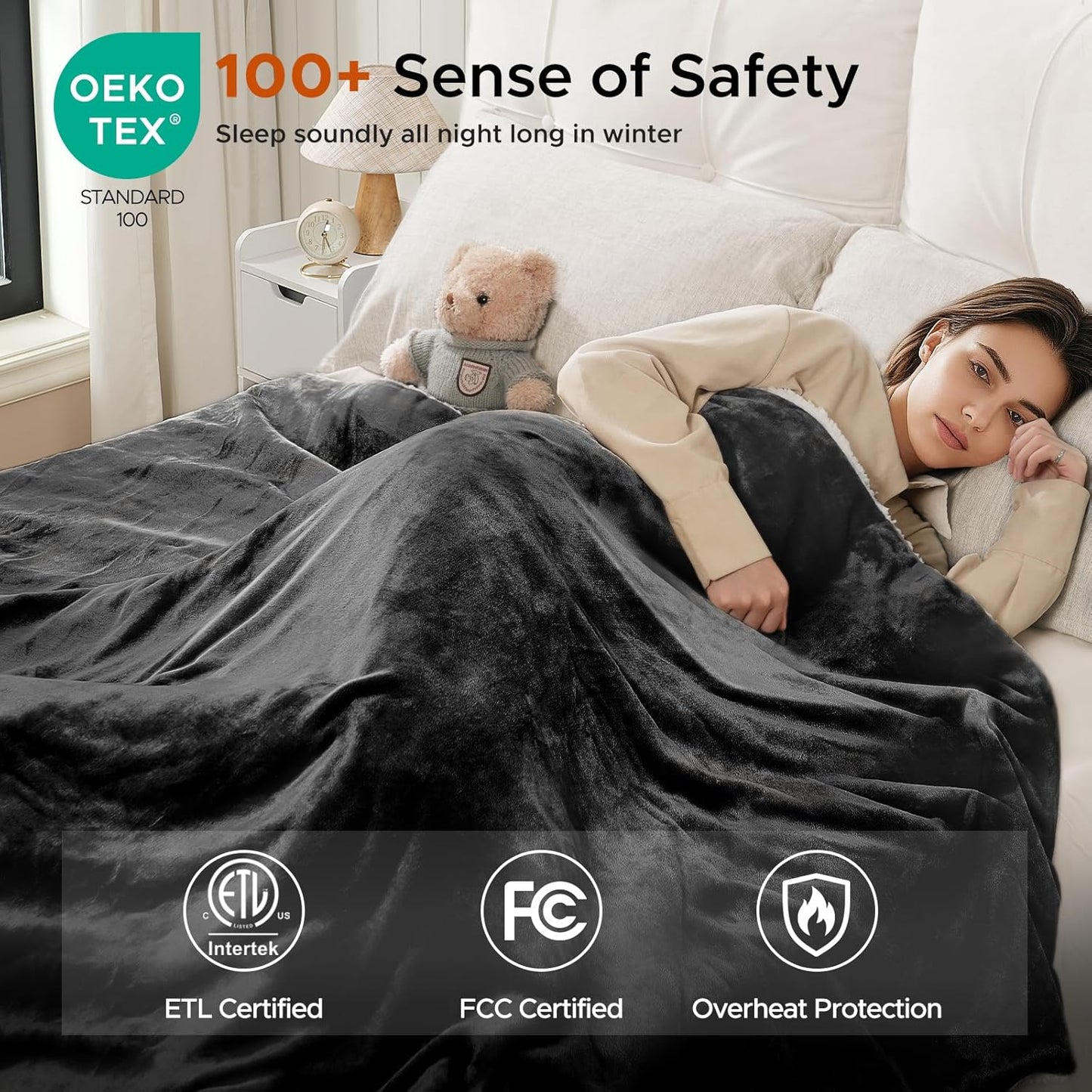 Electric Heated Blanket Throw 50"x60" - Soft Cozy Flannel & Sherpa Fabric Dual-Sided, 9 Heat Settings & 2-10 Hours Auto Off, Warming Heated Throw for Home Office, Machine Washable, Dark Gray