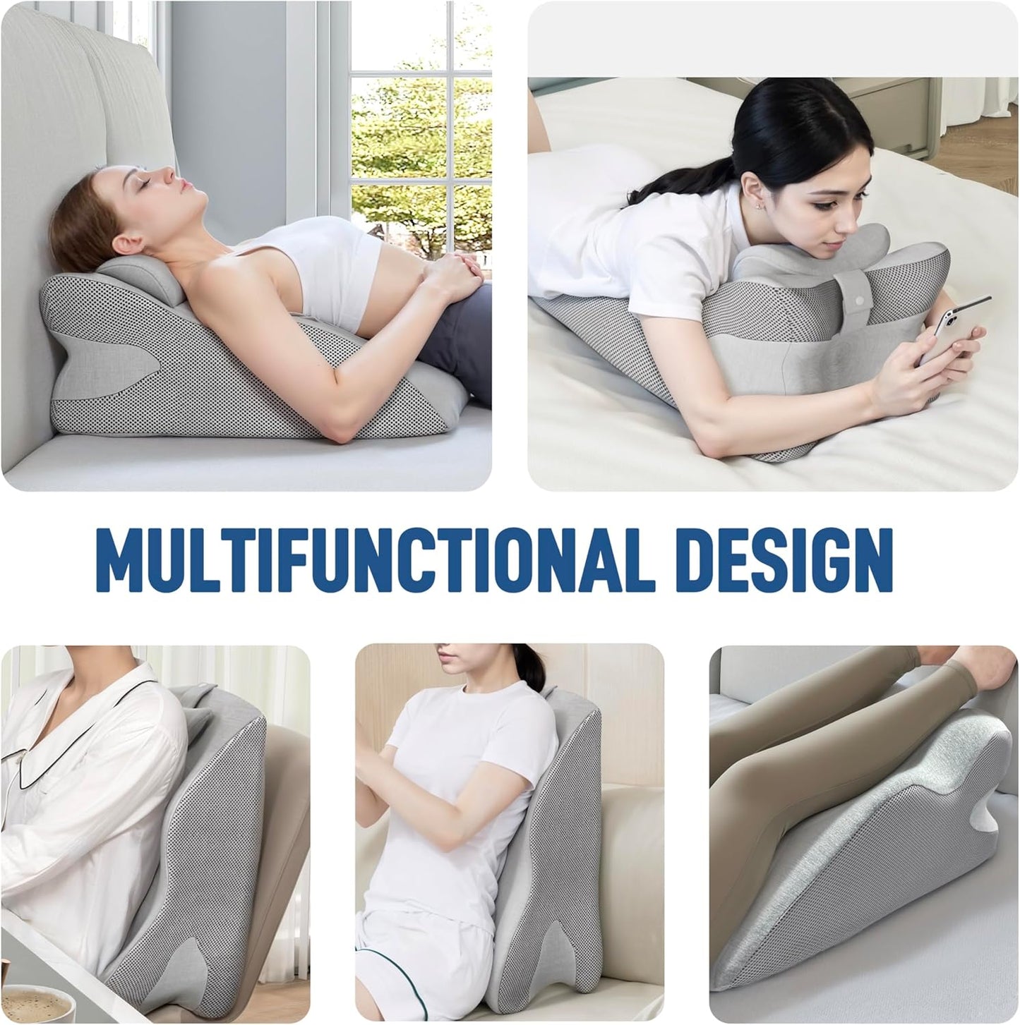 Memory Foam Wedge Reading Pillow for Bed, Adult Ergonomic Back Pillow with Adjustable Headrest, Bed Pillow for Sitting Up, Back Support for Reading, Relaxing, Pain Relief, Removable Washable Cover