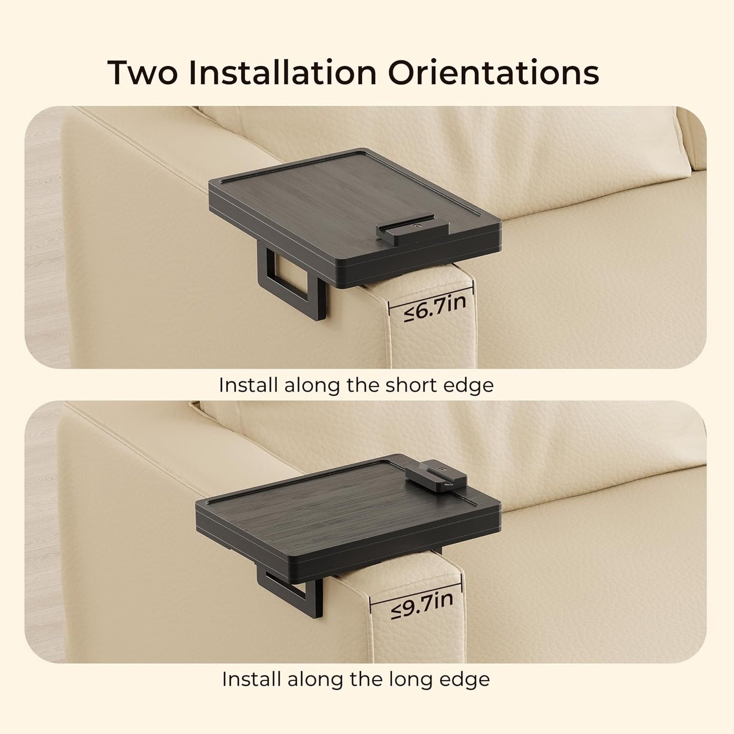 Wealone Black Couch Arm Tray for Wide Couch, Bamboo Sofa Arm Clip Table with Storage Box, Couch Armrest Tray with 360°Rotating Phone Holder, Sofa Arm Table Clip for Eating, Drinks or Dining