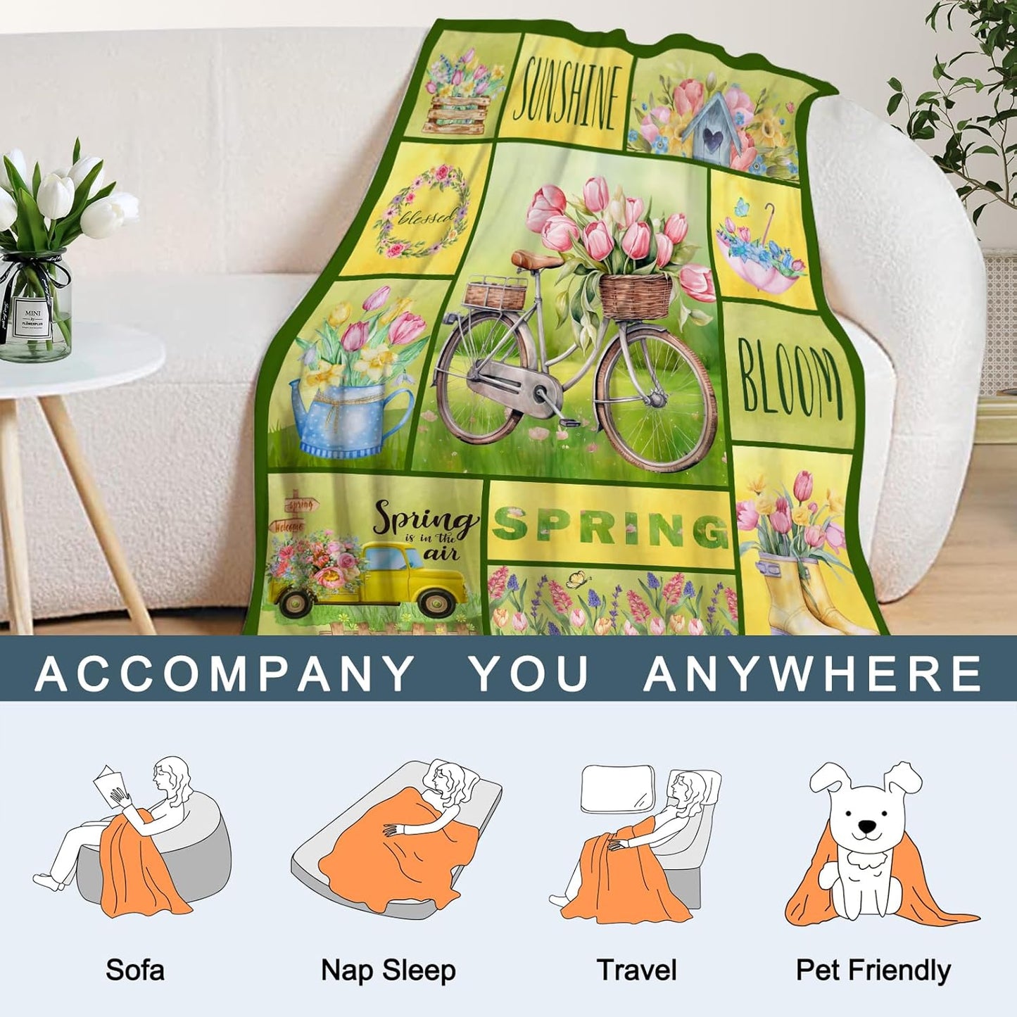 Spring Theme Decorative Throw Blanket Twin Farmhouse Bike Floral Blanket Couch Sofa Bed Soft Cozy Lightweight Fuzzy Fleece Blankets and Throws Cute Easter Flower Blanket 60x80