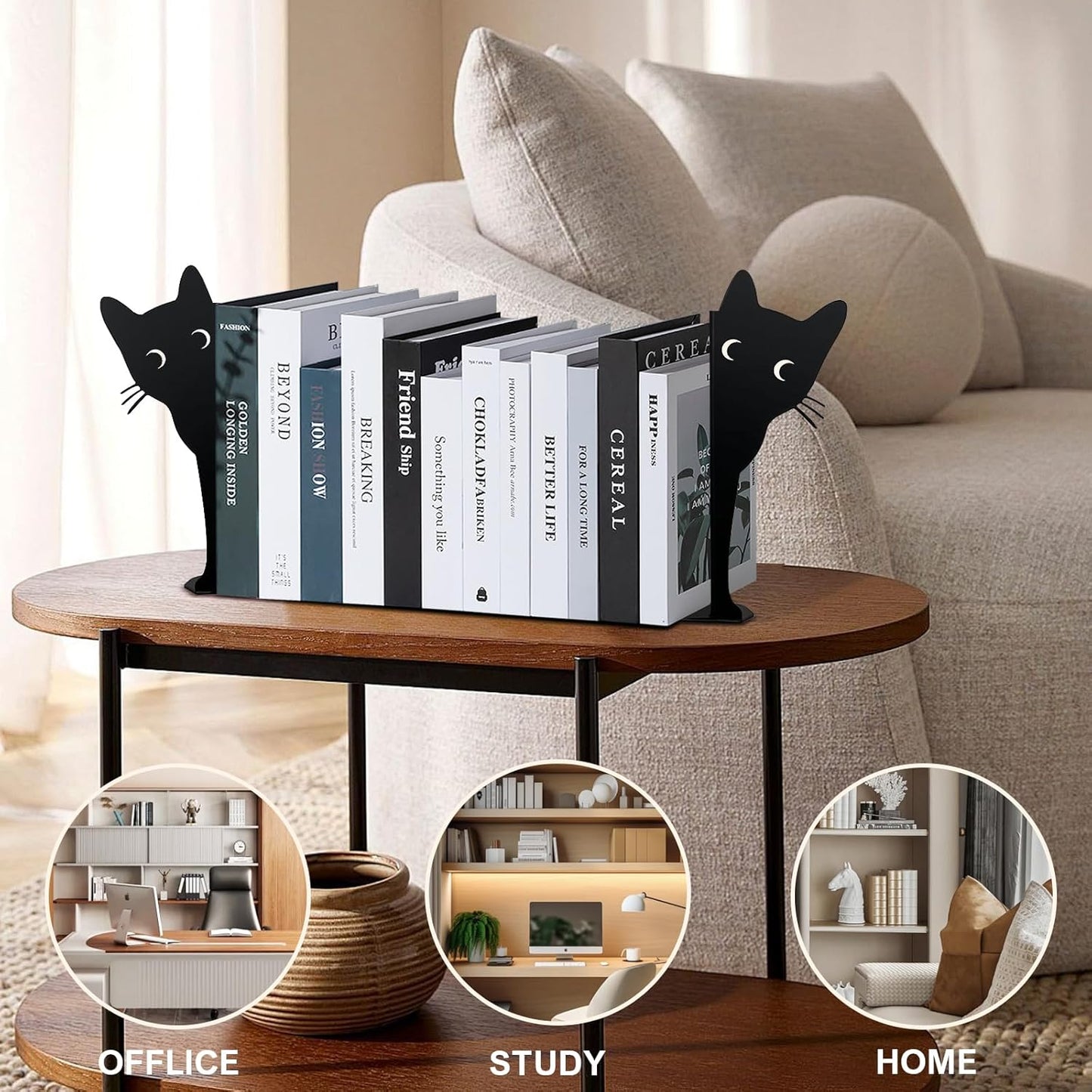 Peeping Cat Bookends,Metal Book Ends for Heavy Books for Shelves Decorative,Bookshelf Decor Home Office Desk for Cat Lover Gifts (Black Cat)