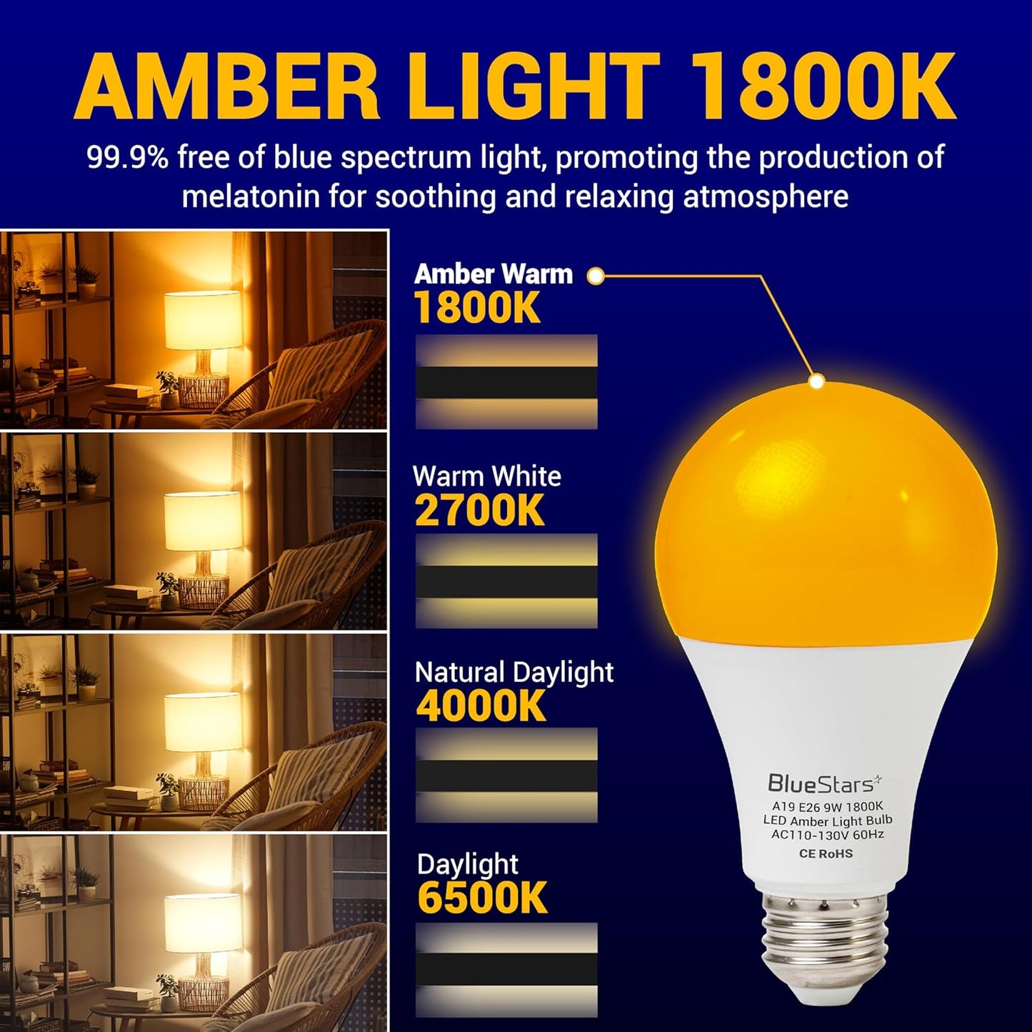 BlueStars Amber Sleep Light Bulbs Blue Light Blocking A19 9W (60 Watt Equivalent) 1800K Warm Lighting with E26 Base - Amber Soft Light Bulb for Restful Sleep Bedroom Kids Room Reading - 4 Packs