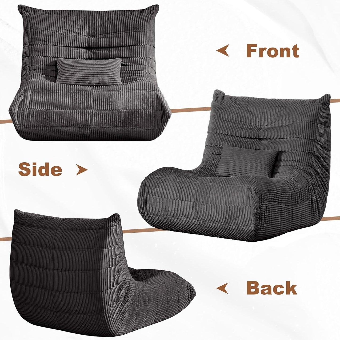 Bean Bag Chair for Adults - Large Bean Bag Chairs with Lumbar Pillow, Oversized Corduroy Memory Foam Boneless Chair with High-Rebound, Lazy Floor Sofa for Reading Gaming Living Room Bedroom, Grey
