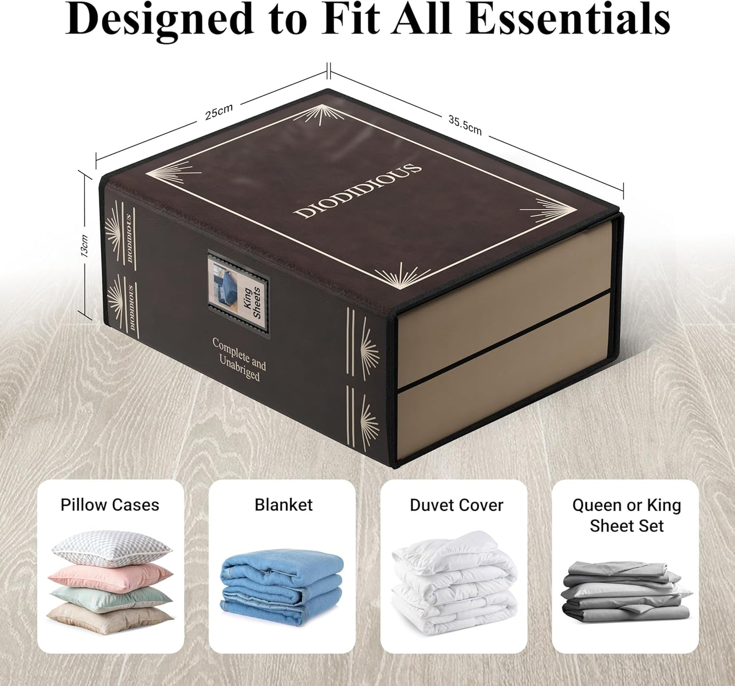 Bedsheet Organizer for Linen Closet, Foldable Faux Leather Book-Style Storage Box with Label Window, Decorative Bedding and Sheet Organizer for Queen & King Sets, Brown