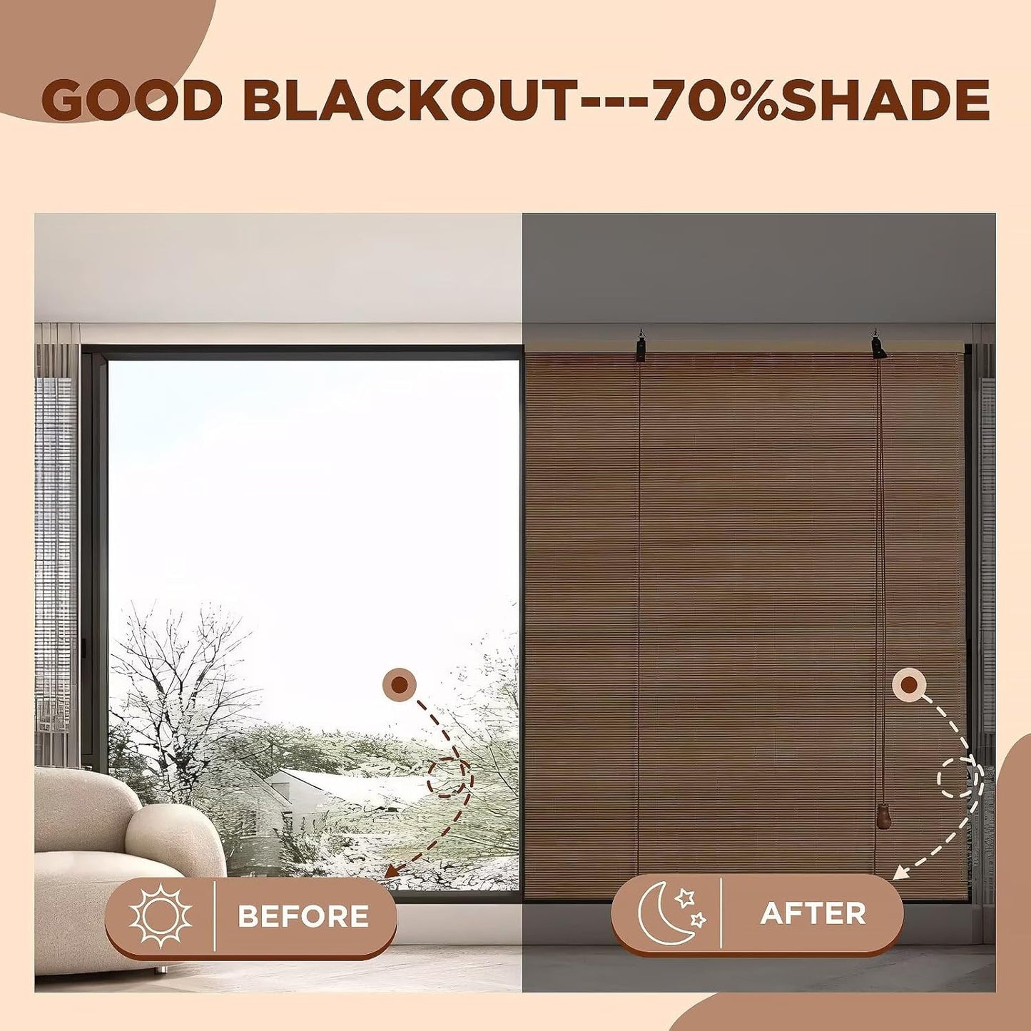 Bamboo Roller Shades Roman Shades for Window: Bamboo Blinds for Interior Windows and Outdoor Patio,Roll Up Blinds for Indoor Porch Light Filtering Sunshade,Easy to Install 36" W X 48" H