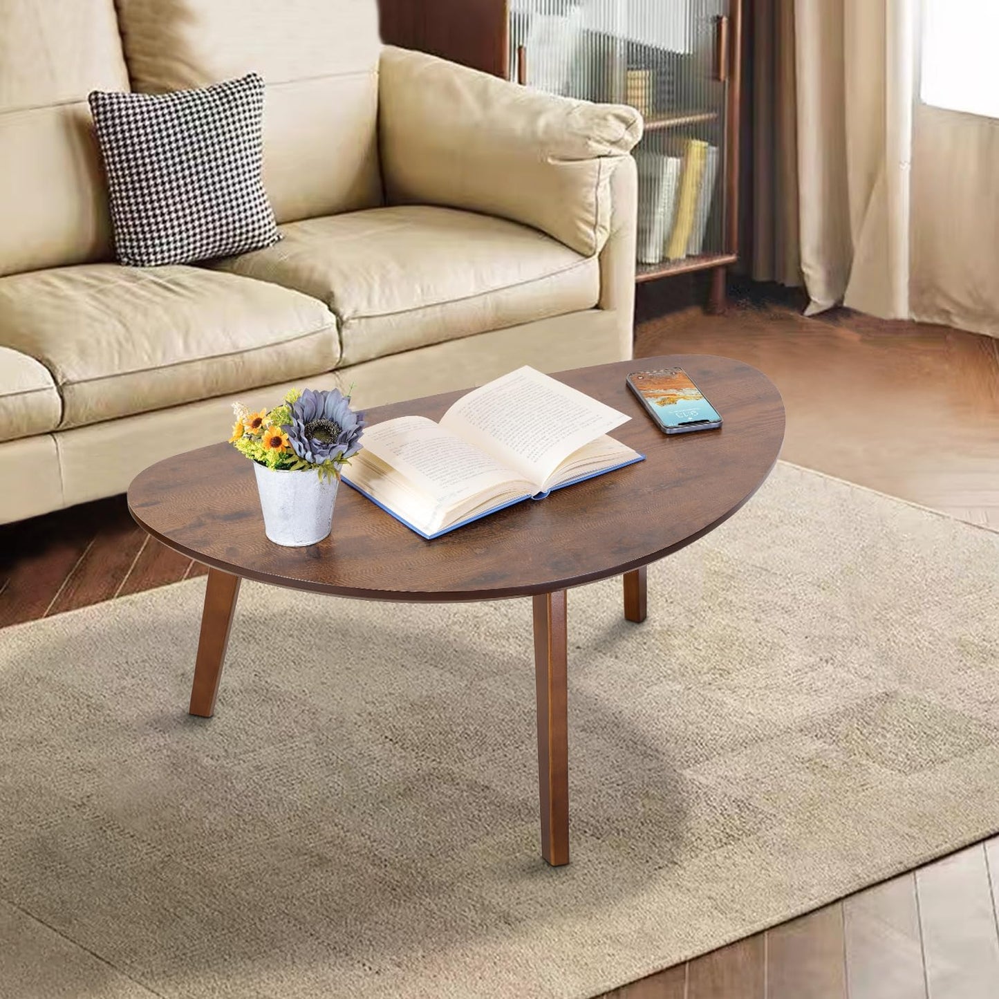 Large Oval Coffee Table Wood Mid Century Modern Unique Retro Farmhouse Contemporary Triangle Table for Living Room, Bedroom Office 19" D x 34" W x 16" H