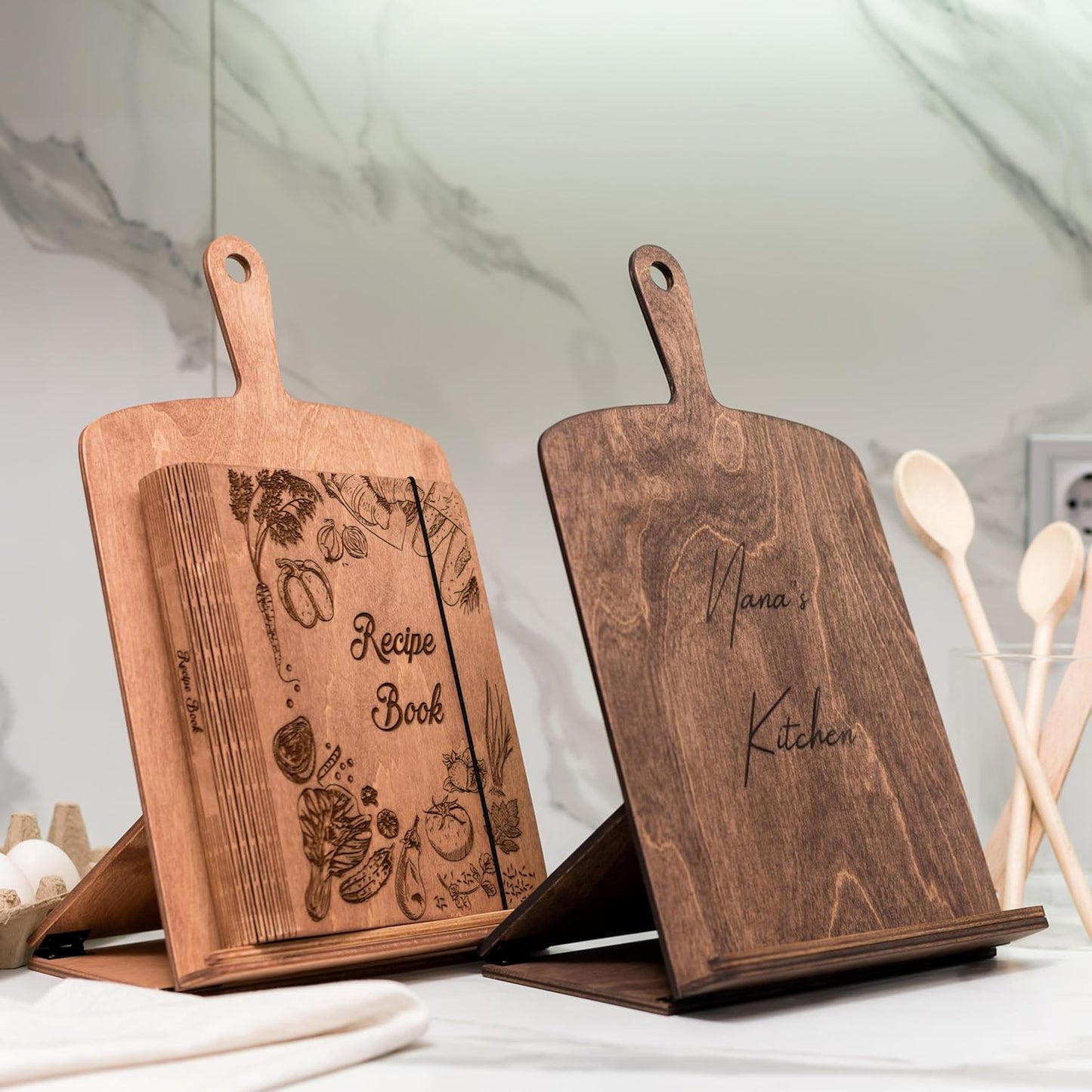 Enjoy The Wood Cookbook Stand for Kitchen Counter - Personalized Wooden Recipe Book Holder - Custom Mother's Day Gifts Birthday Christmas Gift for Her or Him - Additions for Recipe Book