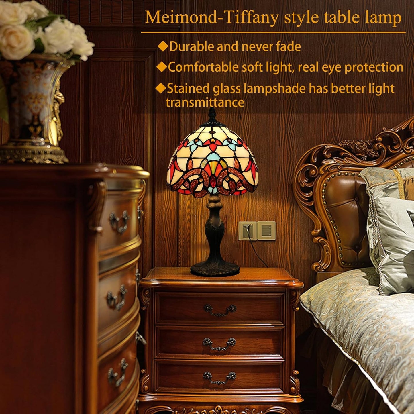 Table Lamp Tiffany Style 8 Inch Stained Glass Lampshades Small Bedside Lamp Reading Antique Desk Light Livingroom Bedroom Office Vintage Art Decor(Color:A-8)