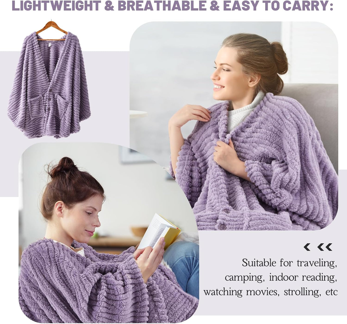 2 Pcs Fleece Wearable Blanket Winter Wrap Shawl with Pockets 58'' x 64'' Poncho Cape Warm Gifts for Adult Women Men Office Lounge Sofa (Purple,Fluff Polyester)