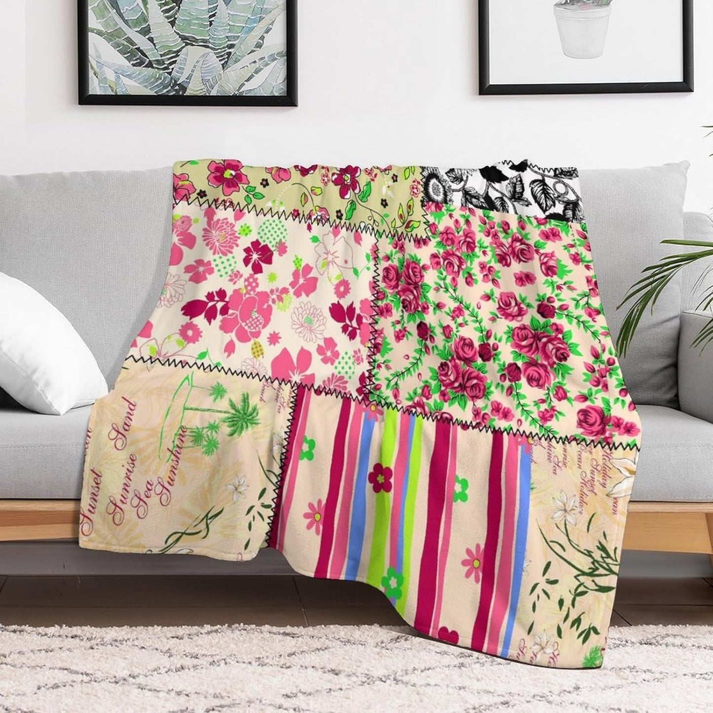 Patchwork Floral Throw Blanket,Retro Style Boho Colorful Farmhouse Flower Botanical Flannel Plush Camping Company Double-Sided Office Chair Bedding Blankets, 40x50 in