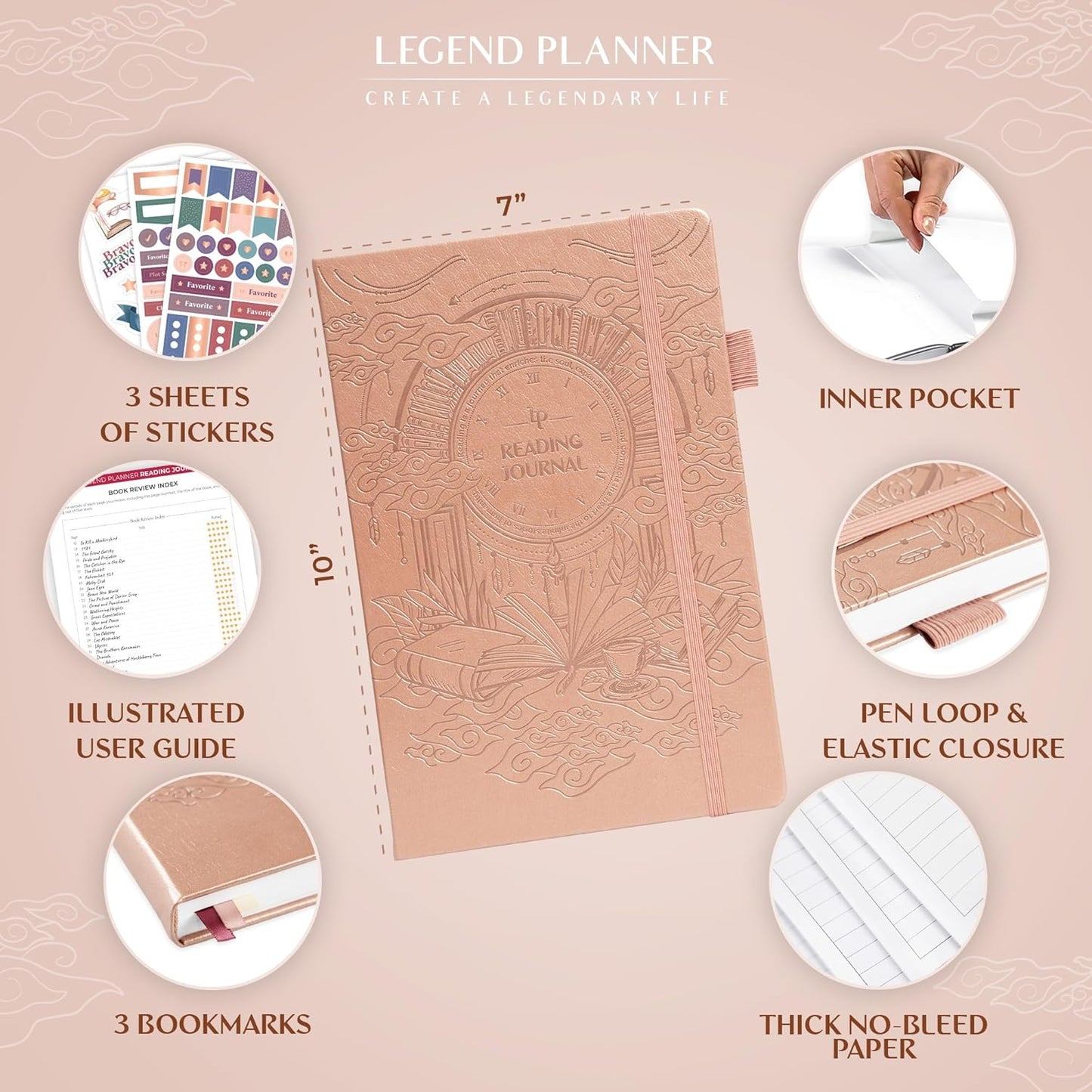 Legend Reading Journal for Book Lovers – Reading Log Tracker for Adults & Kids – Book Nerd Gifts & Accessories, 180 Reviews (Rose Gold)