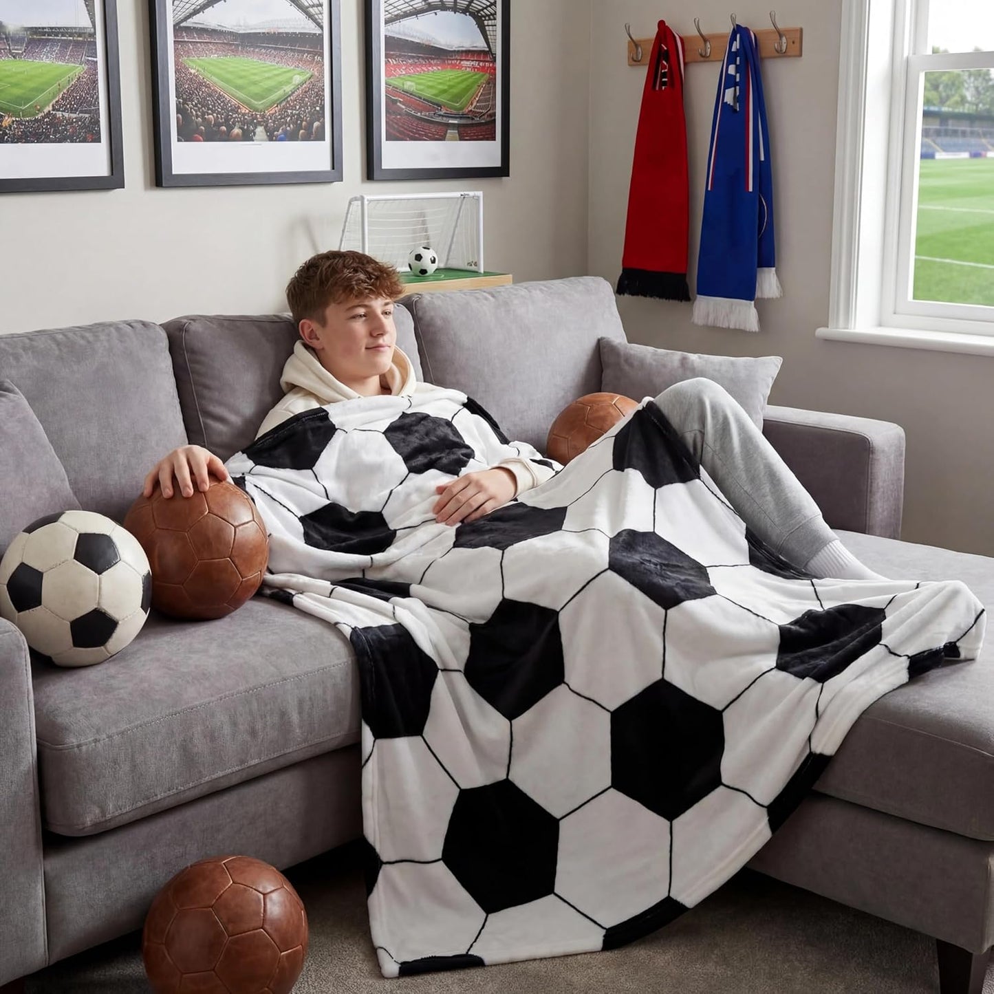 2 Pcs Soccer Blanket 50" x 60" Soccer Flannel Throw Blanket for Teen Team Coach Gifts Ball Themed Accessories Decoration for Sport Lovers Birthday Christmas Adult Gift Favors