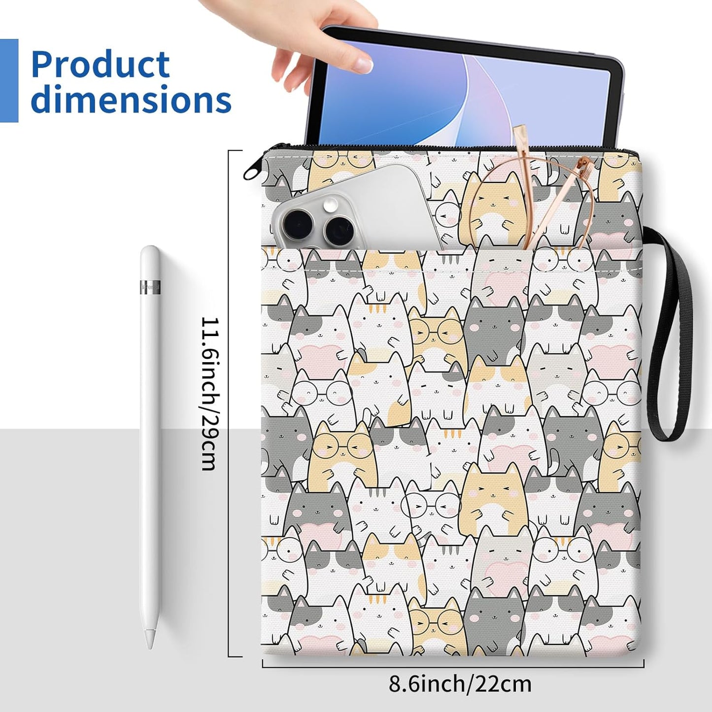 Book Sleeve, Funny Book Pouch, Cute Book Protector with Zipper and Front Pocket Handle Strap BookCover Case for Women Cute Colorful Cats