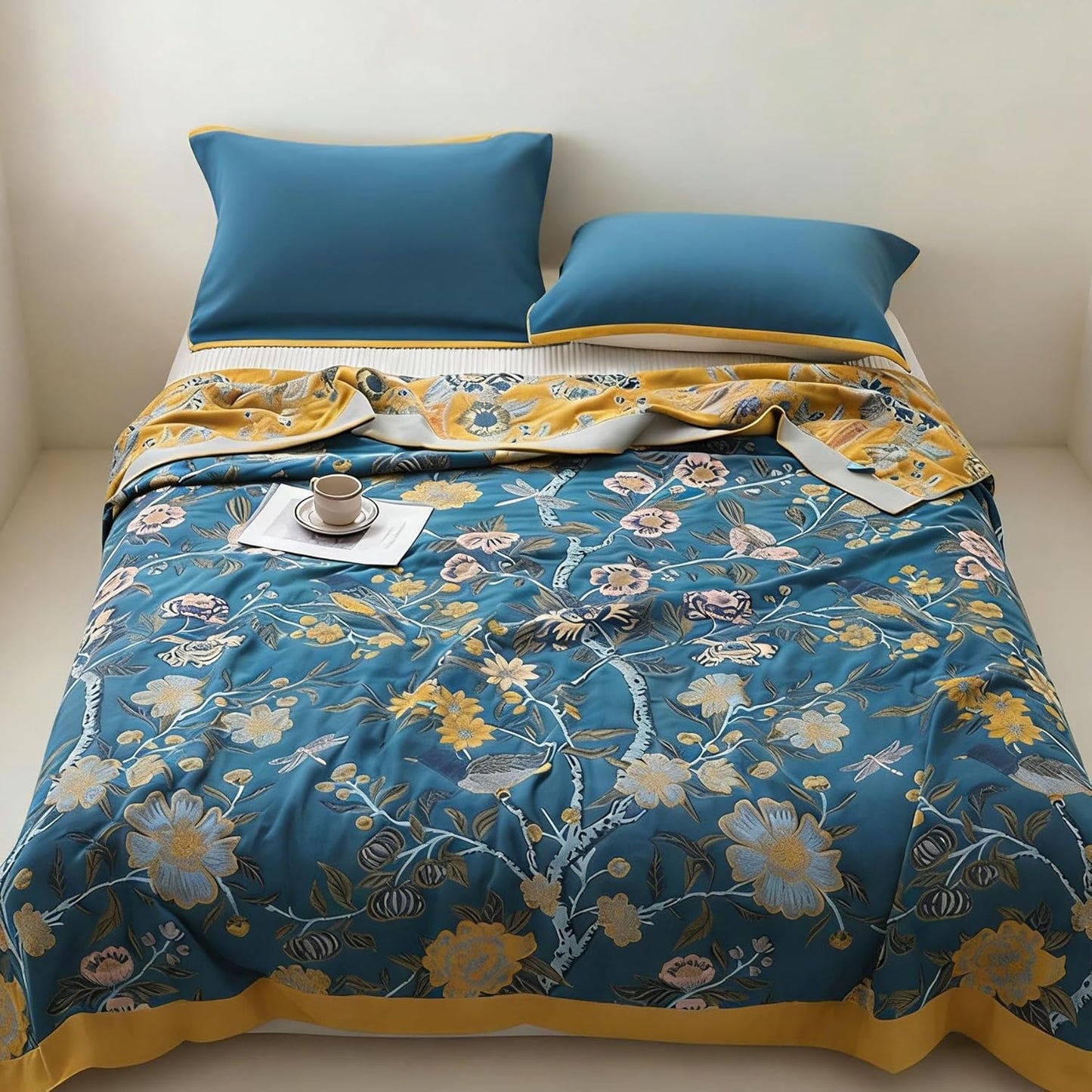 Muslin Blanket 80 x 90 in 4-Layer Gauze Cotton Blanket for Adults, Soft Breathable Summer Cooling Blanket, Boho Floral Lightweight Bed Blanket for Couch Sofa (Flowr Branch Teal, 80 x 90 in)