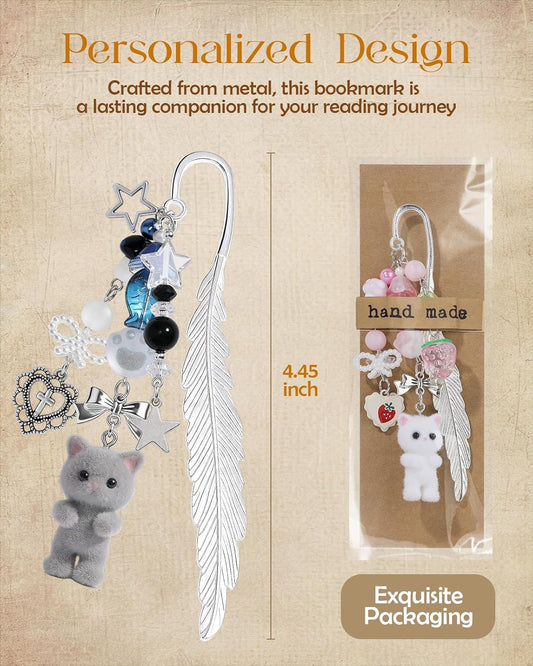 Buleens 2 Pack Bookmarks for Women Reading - Book Marks for Readers Book Lovers, Cute Cat Pink Grey Personalized Metal Bookmark with Pendants, Pretty and Aesthetic Book Accessories Reading Gifts