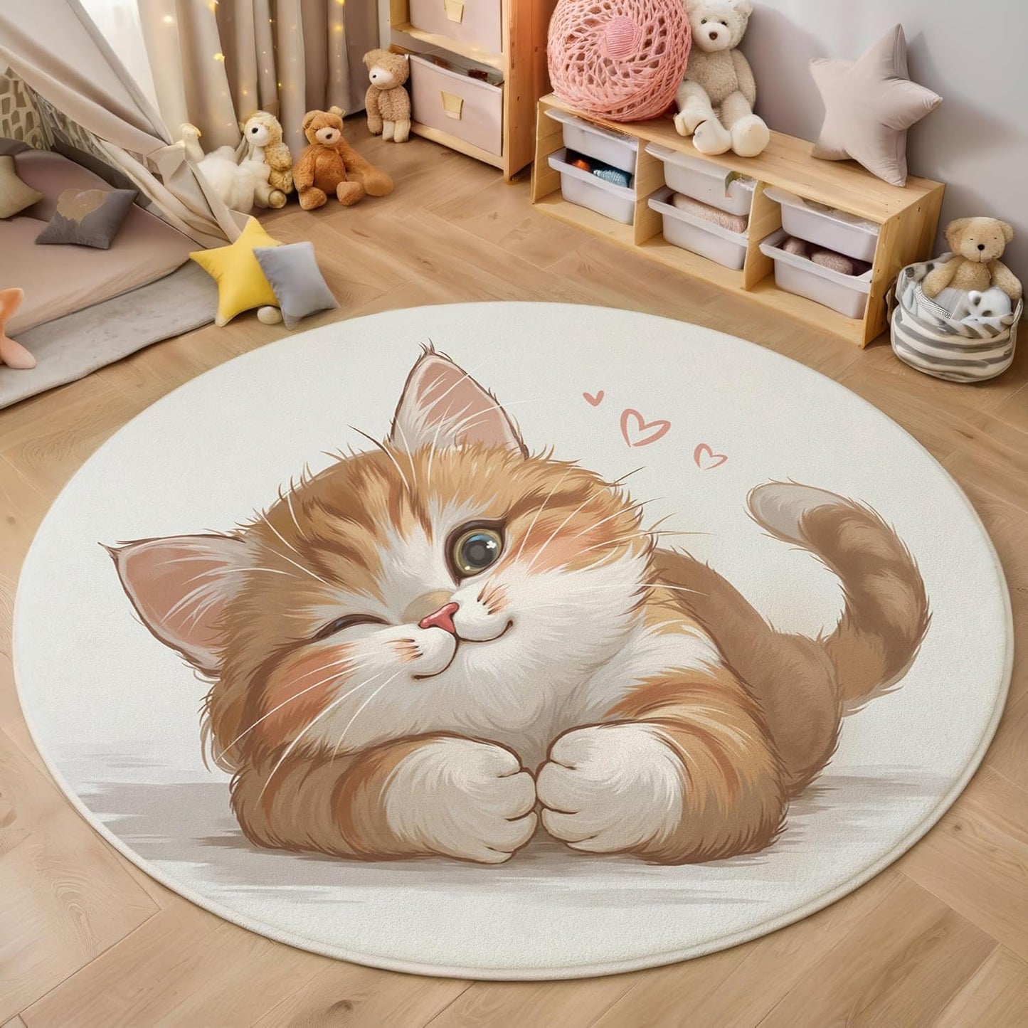Cute Heart-Shaped Cat Round Rugs 5Ft, Fun Animal Round Living Room Area Rug, Washable Large Soft Circle Rug for Bedroom, Non Slip Ultra Thin Floor Carpet for Dining Room, Beige