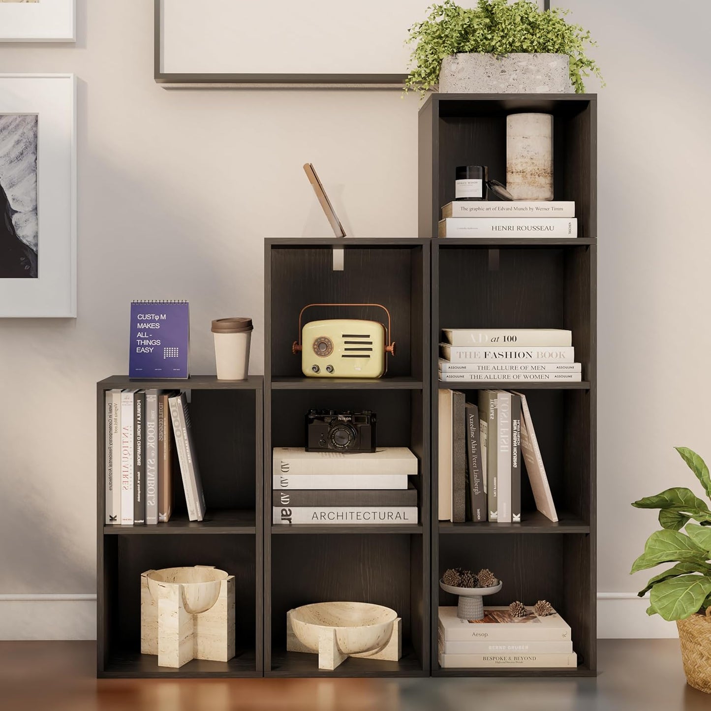 Book Shelf, 4-Tier Bookcase, Wooden Open Cube Storage Organize, 9.3 x 11.8 x 41.7 inches Bookshelf for Living Room, Bedroom, Home Office (Black)