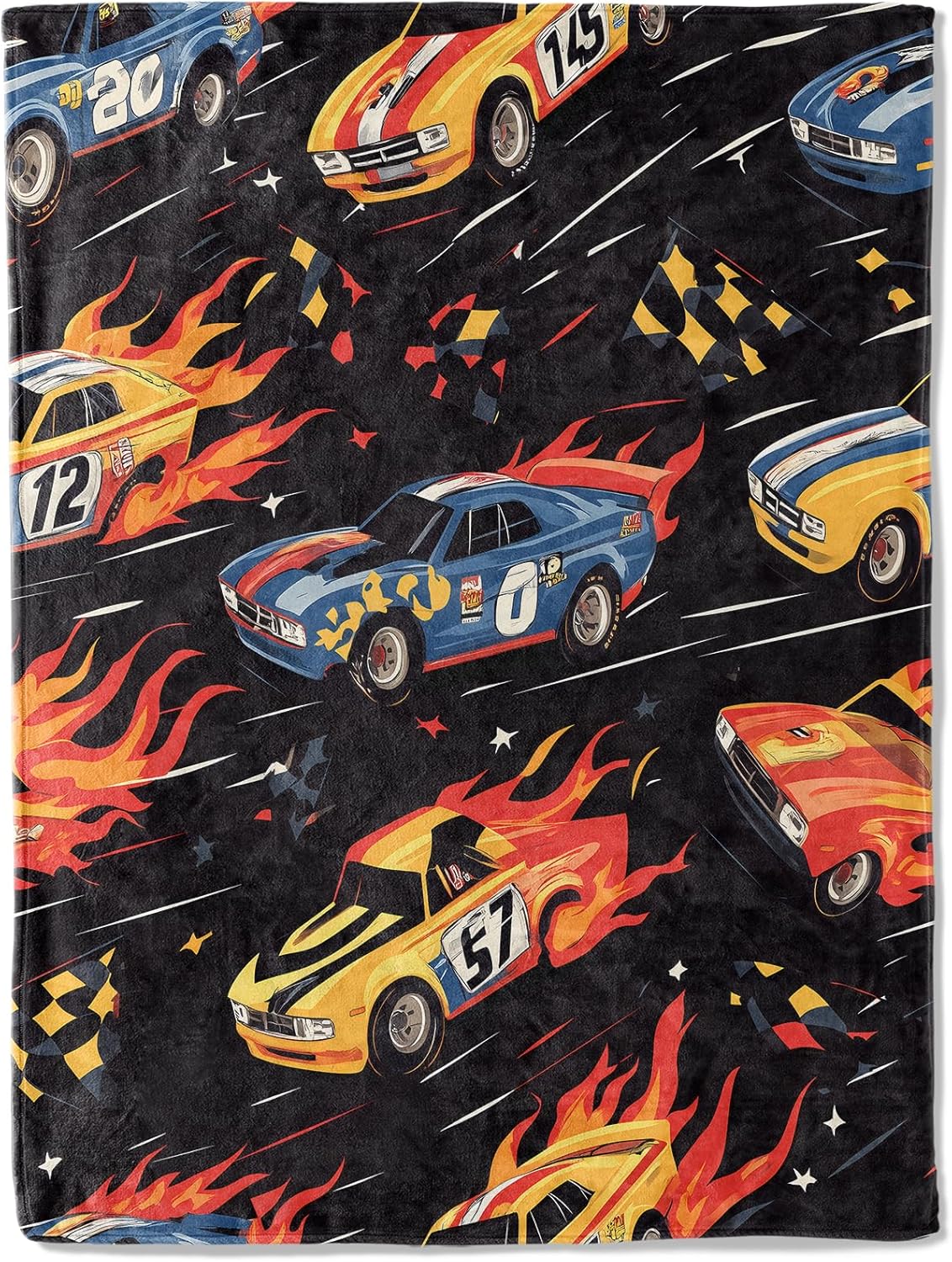 Race Car Flannel Blanket - Dynamic Racing Track Design with Colorful Speeding Cars and Flames Throw - Ultra-Soft Cozy Gifts Blankets for Game Lovers, Kids, Boys,Action-Packed Decor 50x60in