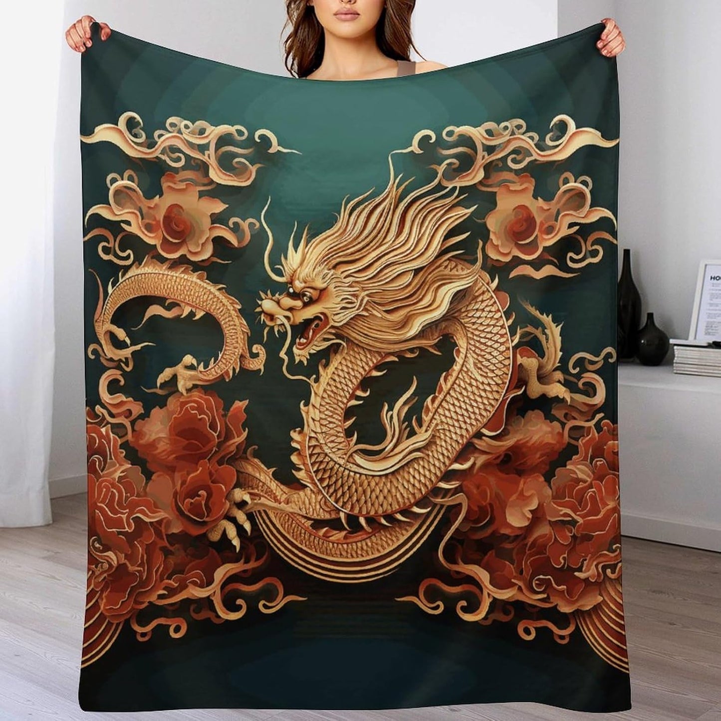 Dragon Chinese Background Throw Blanket for Couch Super Soft Warm Lightweight Throw Blankets Cozy Flannel Bed Blanket Cute Decorative Blankets for All Seasons Home Decor Gift 30"*40"（76 * 100cm）