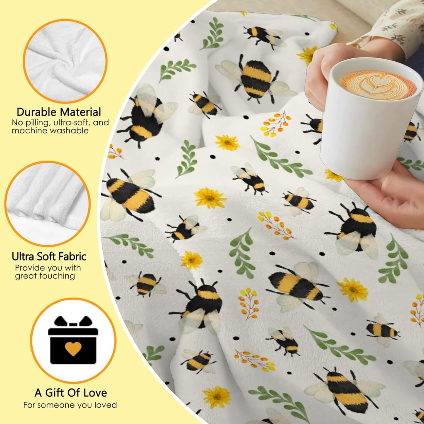 Sunflower Floral Bee Blanket - Plush Flannel Throw for Couch, Bed, Sofa - 40"x50" Flower Decor for Girls Boys - Gift for Bee Lovers - All Seasons