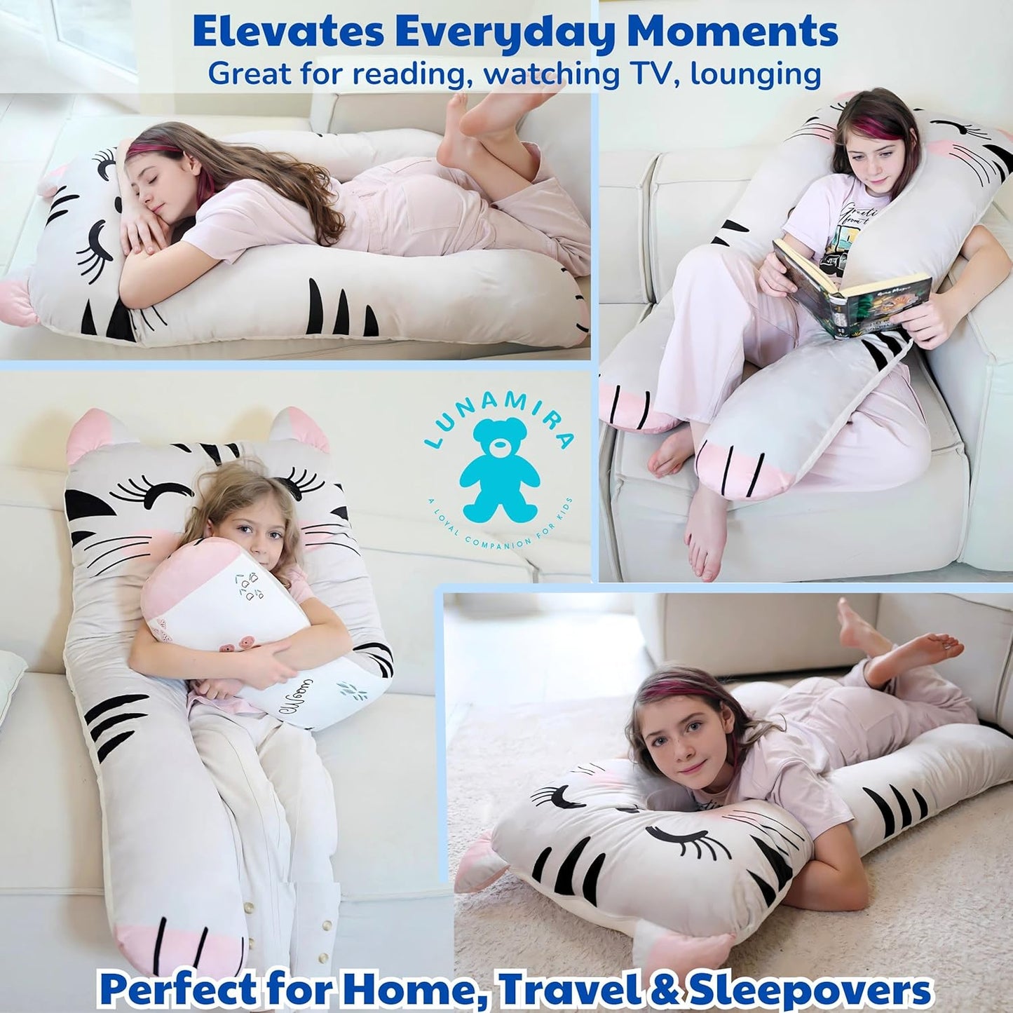 LUNAMIRA Cat Kids Body Pillow - 47" U-Shape Long Plush Soft Animal Pillow for Kids, Sleeping, Reading, ADHD & Special Needs Comfort, Anxiety, Washable Cover, Snuggle Fun Cuddle Gift for Boys & Girls