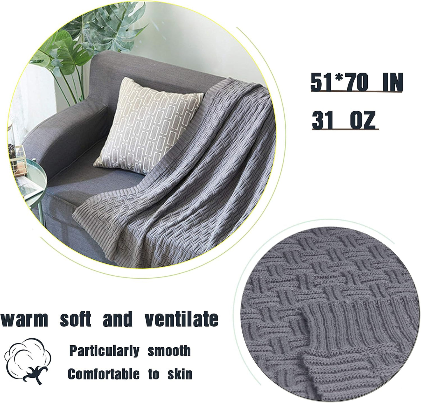 Cable Knit Throw Blanket for Couch Sofa Car Home Decor 51 x 70in