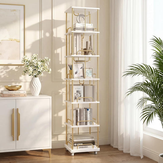Rotating Bookshelf, 6 Tier Tall Skinny Revolving Bookcase Tower White Gold Modern Book Shelves Narrow Book Shelf with Wheels, 360° Floor Corner Spinning Bookcases for Living Room Bedroom
