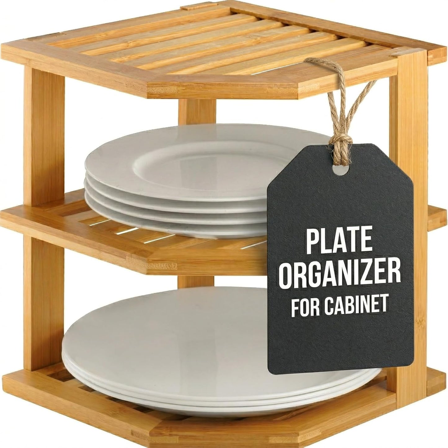Plate Organizer for Cabinet - 3 Tier Bamboo Corner Shelf Cabinet Organizer for Plates, Bowls, Mugs and Pantry Storage, Space Saving Countertop and Cabinet Corner Shelf, 10 x 10 x 9.5 Inch, Bambusi | Kitchen Counter, Cabinet Space Saver, Plates, Dishes, Bo