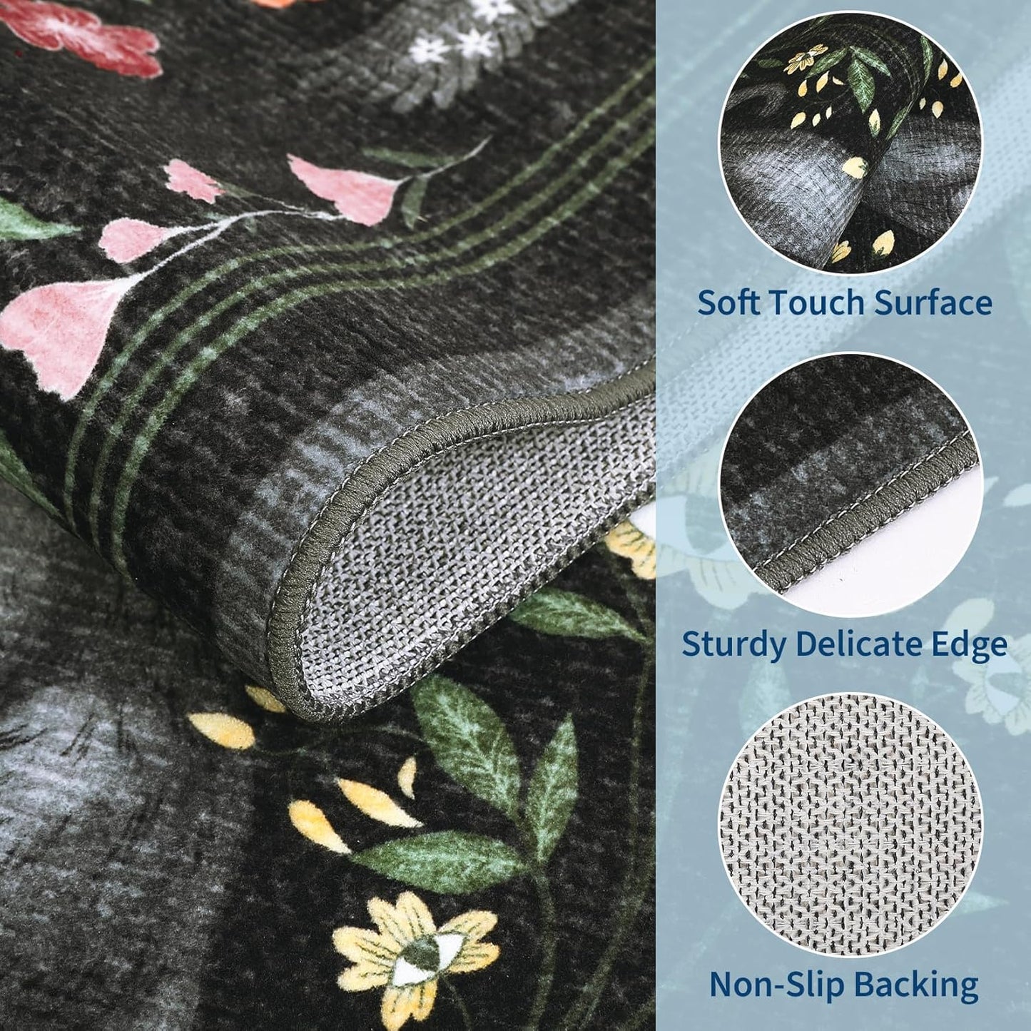 GarveeHome Round Area Rugs 5ft for Bedroom, Cat Black Washable Circle Rug Soft Non Slip Mushroom Floral Floor Mat Carpet Indoor Thin Rug for Bedroom Dining Room Playroom Nursery Gothic Decor