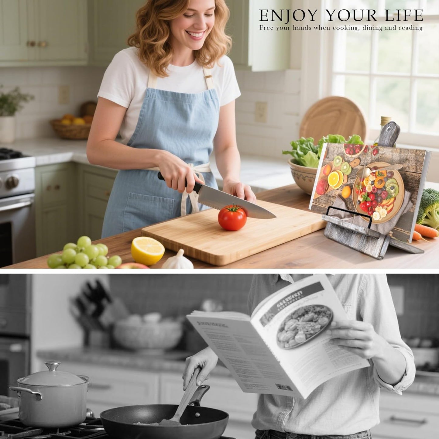 Cookbook Stand Recipe Book Stand: Cook Book Stand for Kitchen Counter, Rustic Cook Book Stand Adjustable Tablet Cookbook Holder, Wood Cutting Board Style Cooking Gift for Woman - Gray