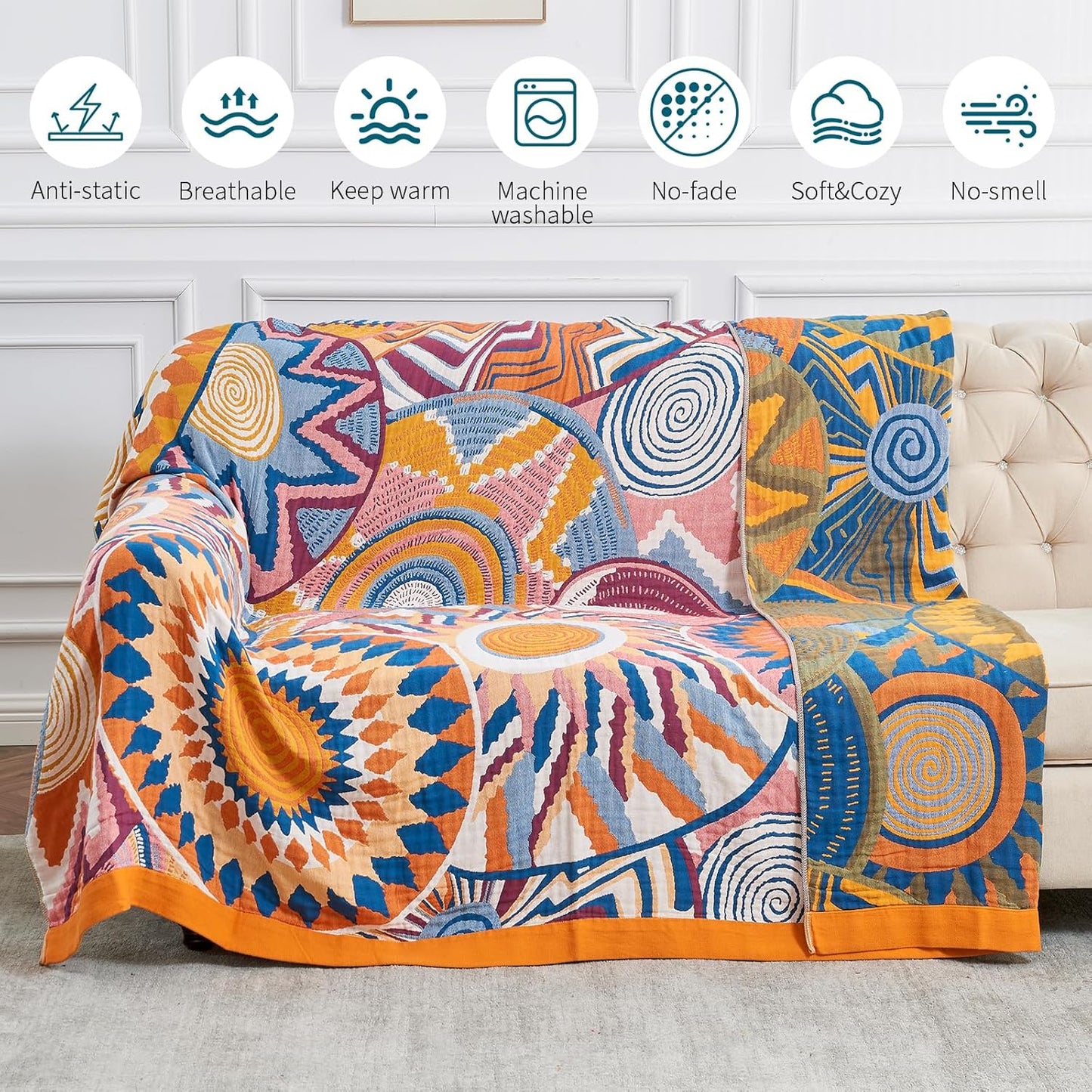Boho Throw Blanket for Bed-100% Cotton Soft Breathable Farmhouse Decor Boho Quilt for Sofa (Colorful Sun, 60"x80")