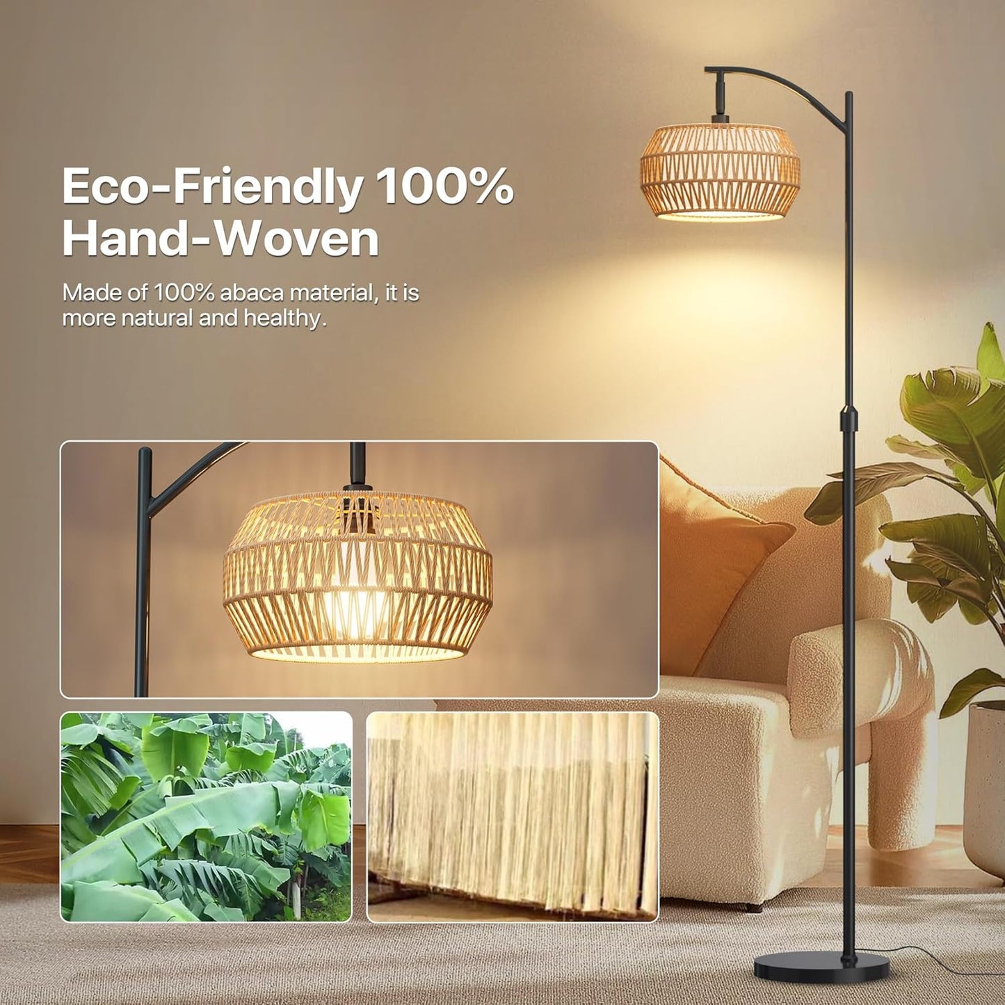 Arc Floor Lamps for Living Room with 3 Color Temperatures, Boho Farmhouse Floor Lamp with Remote & Dimmable RGB Bulb, Standing Lamp with Rattan & Fabric Shades, Adjustable Tall Lamp for Bedroom Office