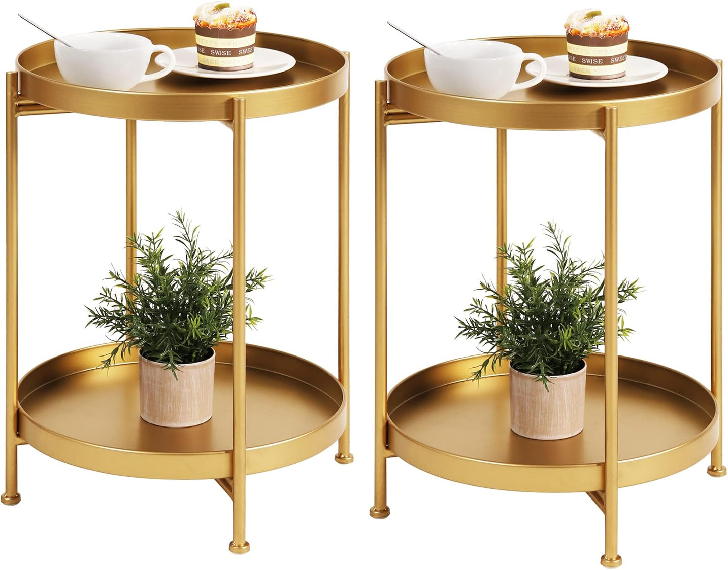 Tiita 2 Pack Round End Table Mental Side Table Nightstand/Small Wood Tables Accent Coffee Table with Wooden Tray for Living Room Bedroom Office Small Space