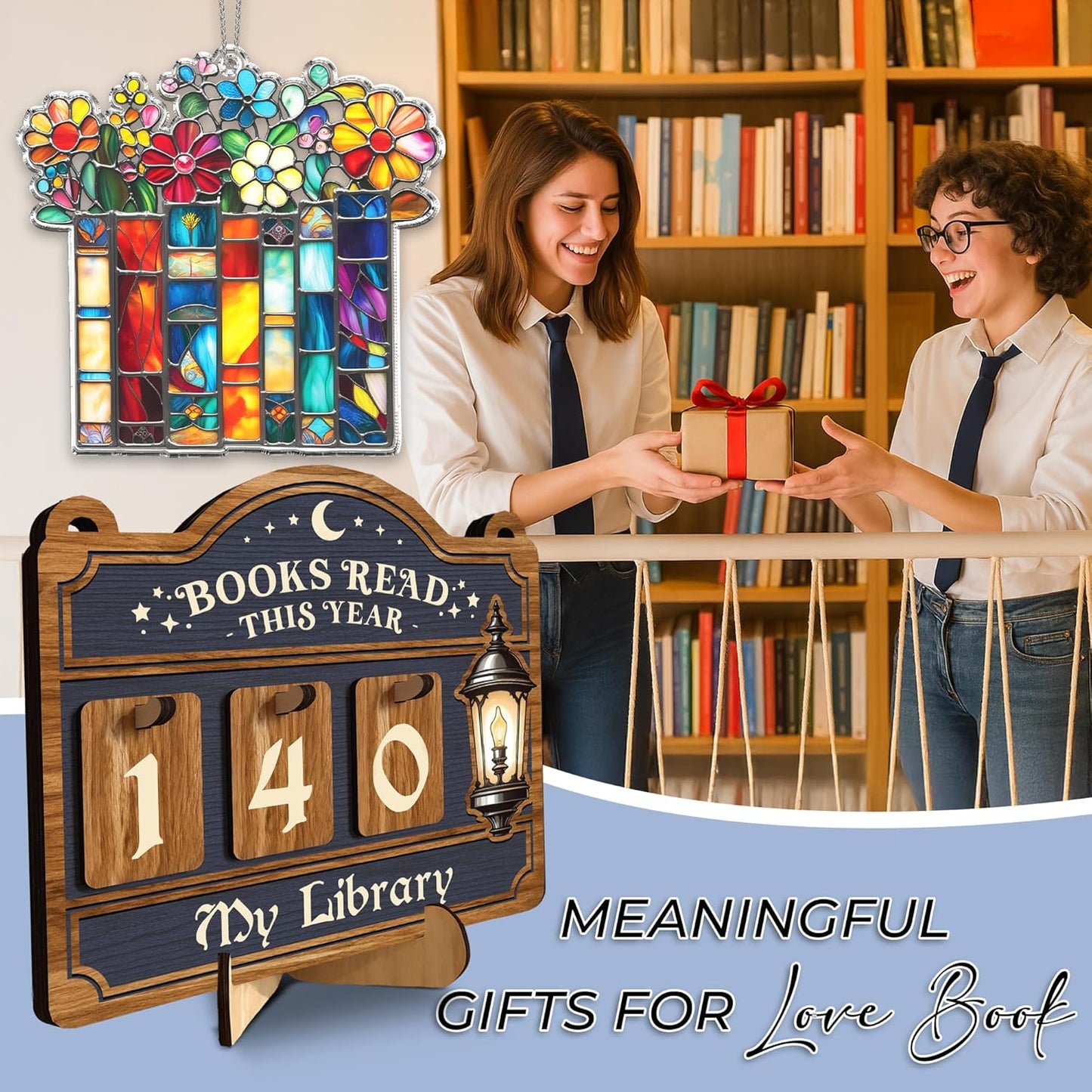 Books Read This Year Counter, Reading Tracker Sign for Home Library Decor, Book Suncatcher Ornament, Book Lover Gift for Librarian, Reader, Teacher, Women, Bookshelf Accessories for Wall & Table FF754
