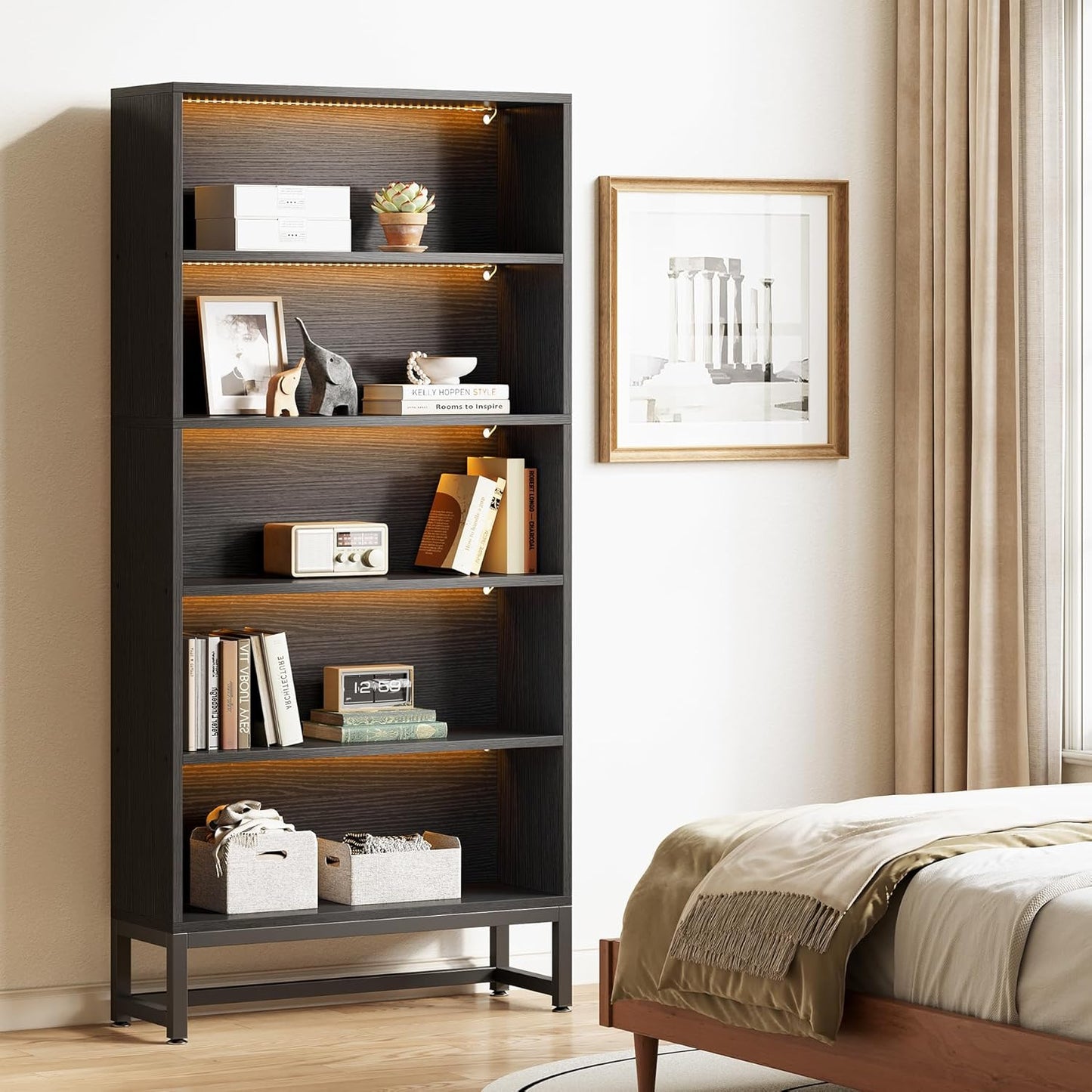 LITTLE TREE 70.8 Inch Tall Bookshelf with LED Light Strip, 5-Tier Large Bookcases Organizer with Storage Shelves, Heavy Duty Free-Standing Library Etagere Shelving Unit for Living Room, Bedroom