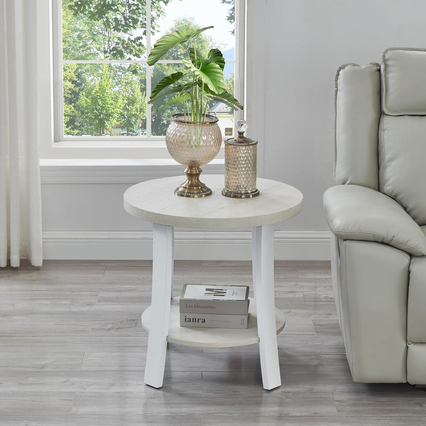Roundhill Furniture Anze Contemporary Round Wood Shelf End Table in White Finish