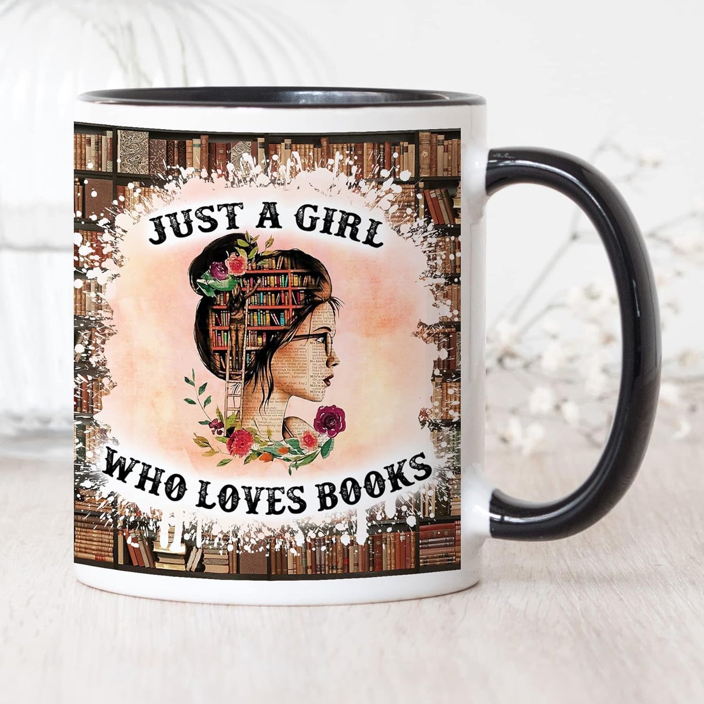 YouNique Designs Just a Girl Who Loves Books Mug, 11 Ounces, Book Club Cups, Book Lovers Coffee Mug, Librarian Mug, Bookworm Cup, Book Mug, Bookish Items, Reading Mug, Book Nerd Mug (Black Handle)