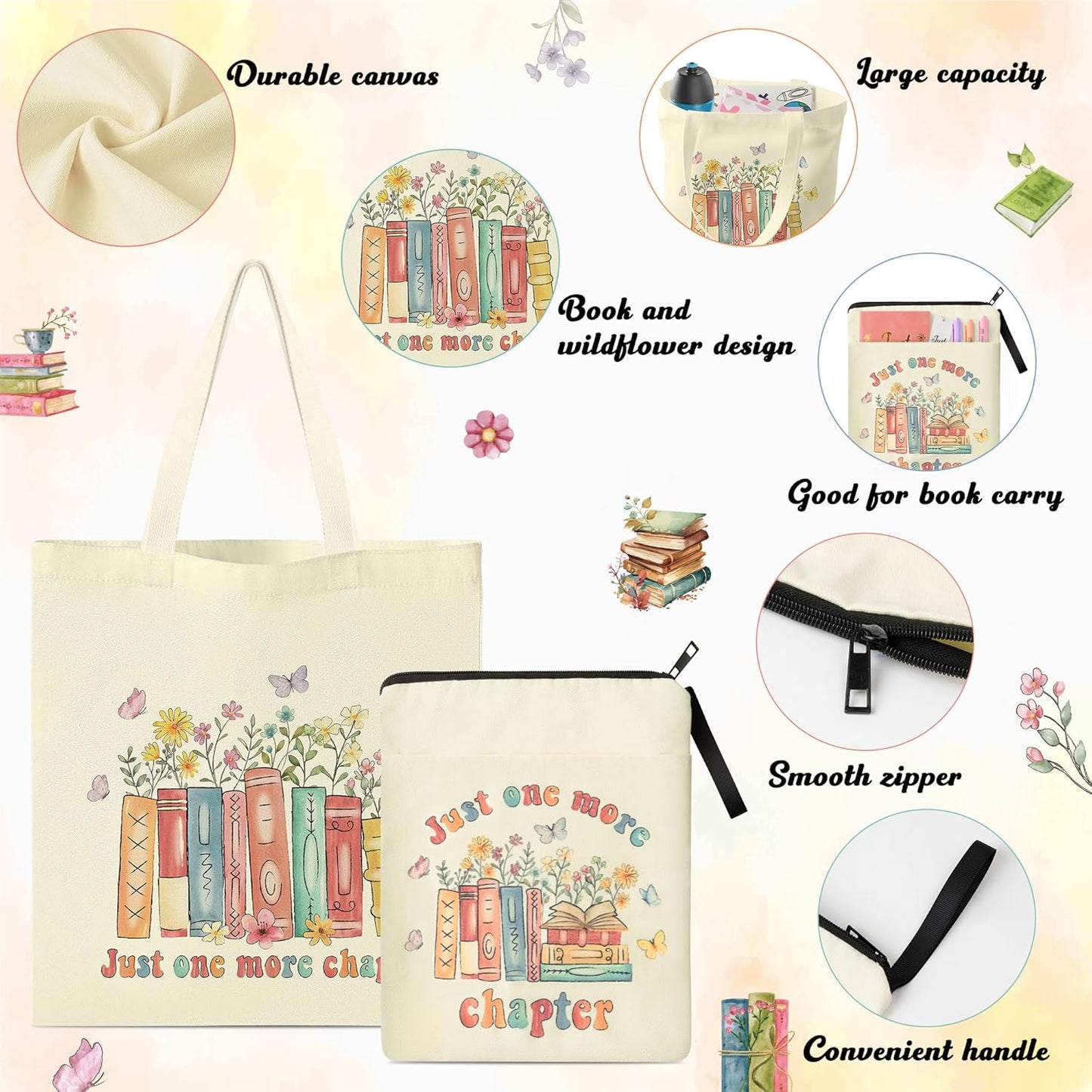 K1tpde Book Lover Gift for Women - 9PCS Retro Wildflower Bookworm Gift Set Canvas Tote Bag, Book Cover Sleeve, Notebook, Ballpoint Pen and Bookmark, Birthday Bookish Present Book Accessories for Women
