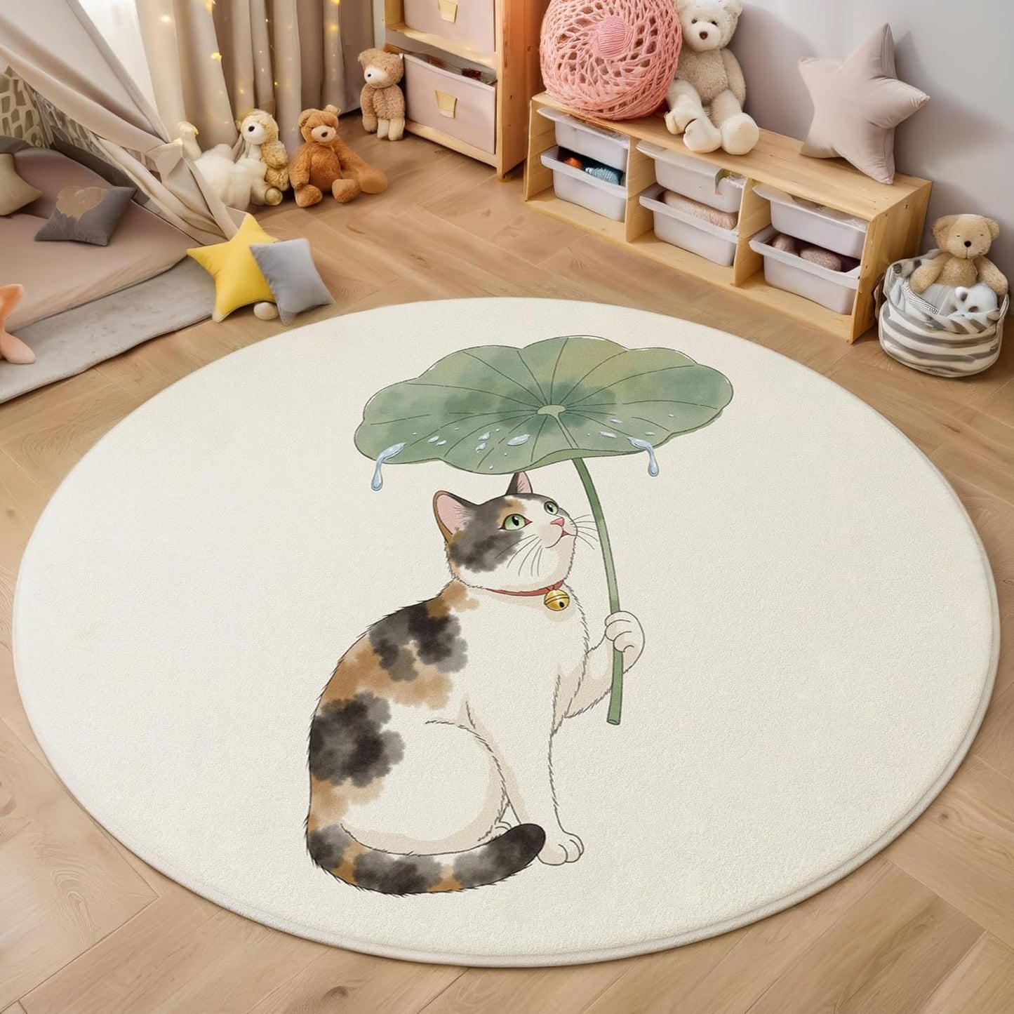Watercolor Lotus Leaf Cat Round Rugs 3Ft, Chinese Animal Round Living Room Area Rug, Washable Large Soft Circle Rug for Bedroom, Non Slip Ultra Thin Floor Carpet for Dining Room, Cream Color